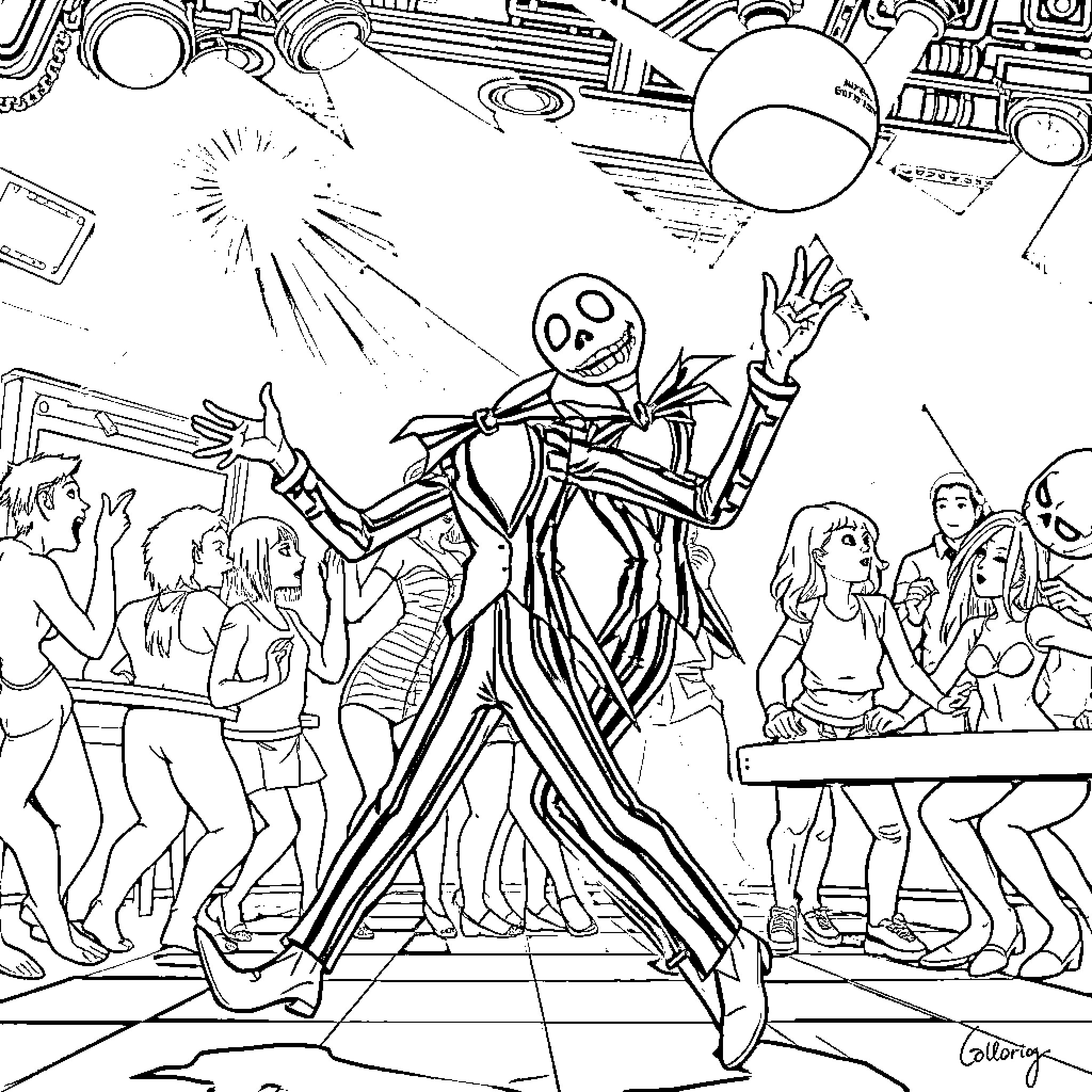 Beetlejuice's wild antics in a bizarre, fantastical scene Coloring Page (free black-and-white line drawing printable PDF for all, from beginners to advanced learners, including children, teens, adults, and seniors)