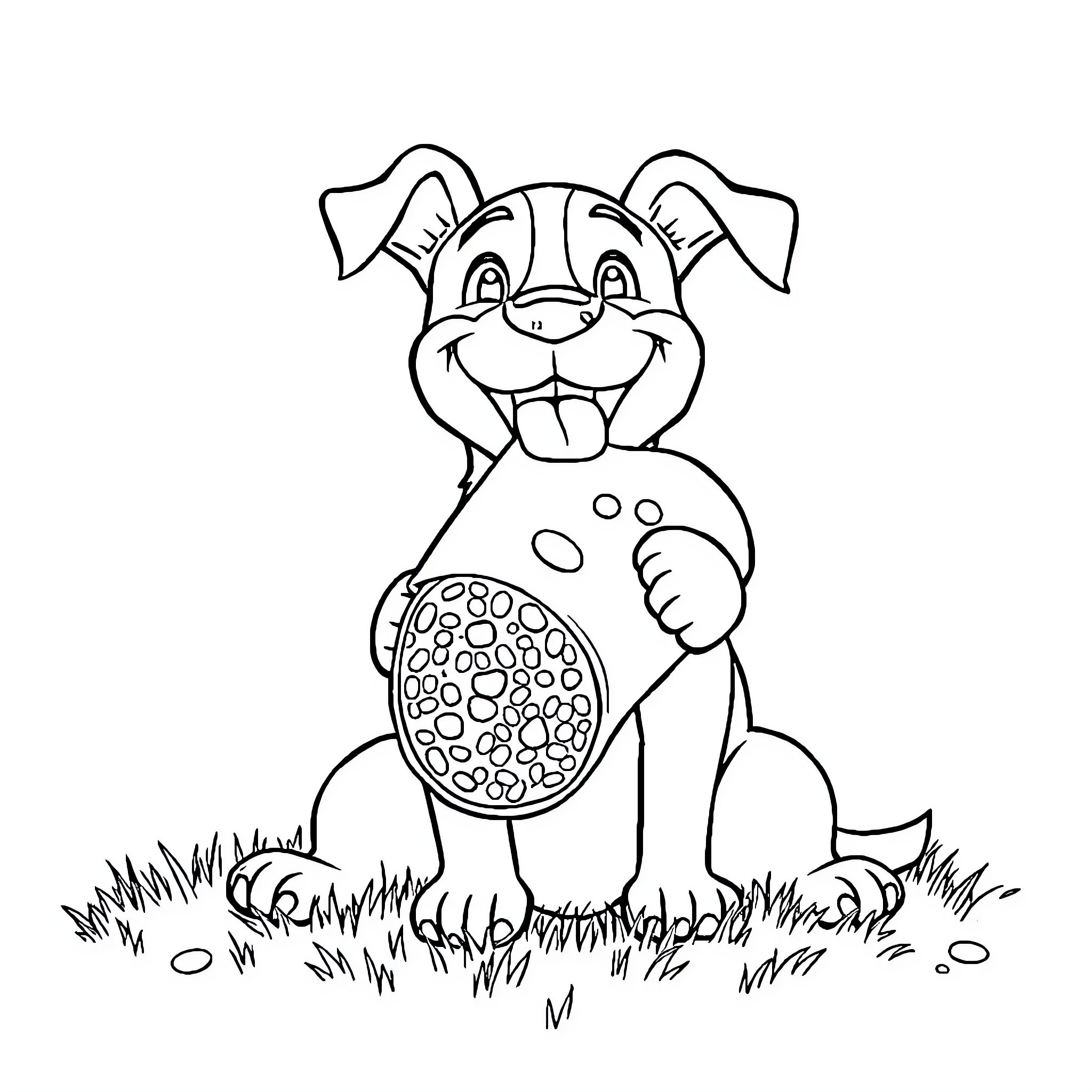 Dog playing with a spotted ball in the park Coloring Page (free black-and-white line drawing printable PDF for all, from beginners to advanced learners, including children, teens, adults, and seniors)