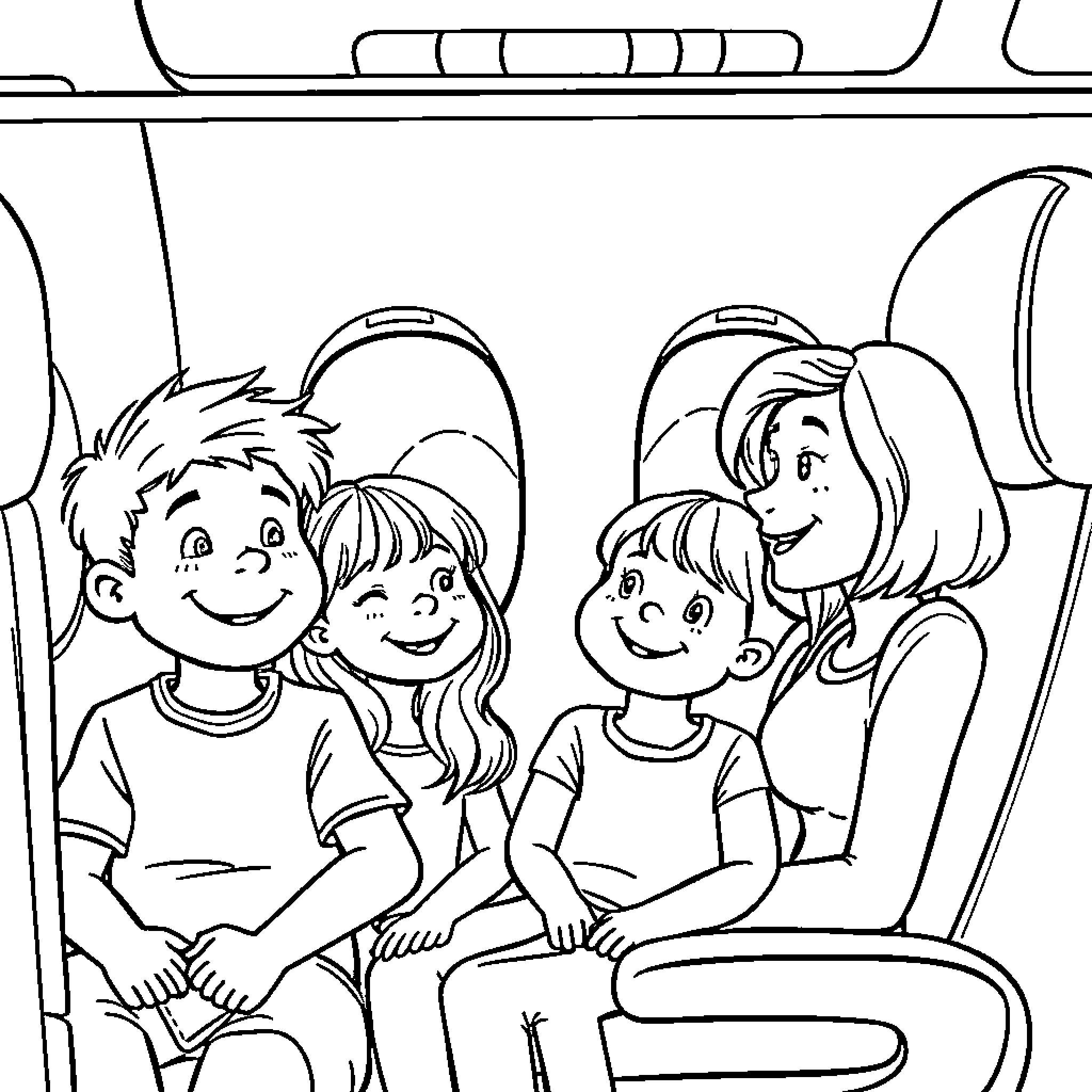 Family Enjoying a Relaxing Train Ride Coloring Page (free black-and-white line drawing printable PDF for all, from beginners to advanced learners, including children, teens, adults, and seniors)