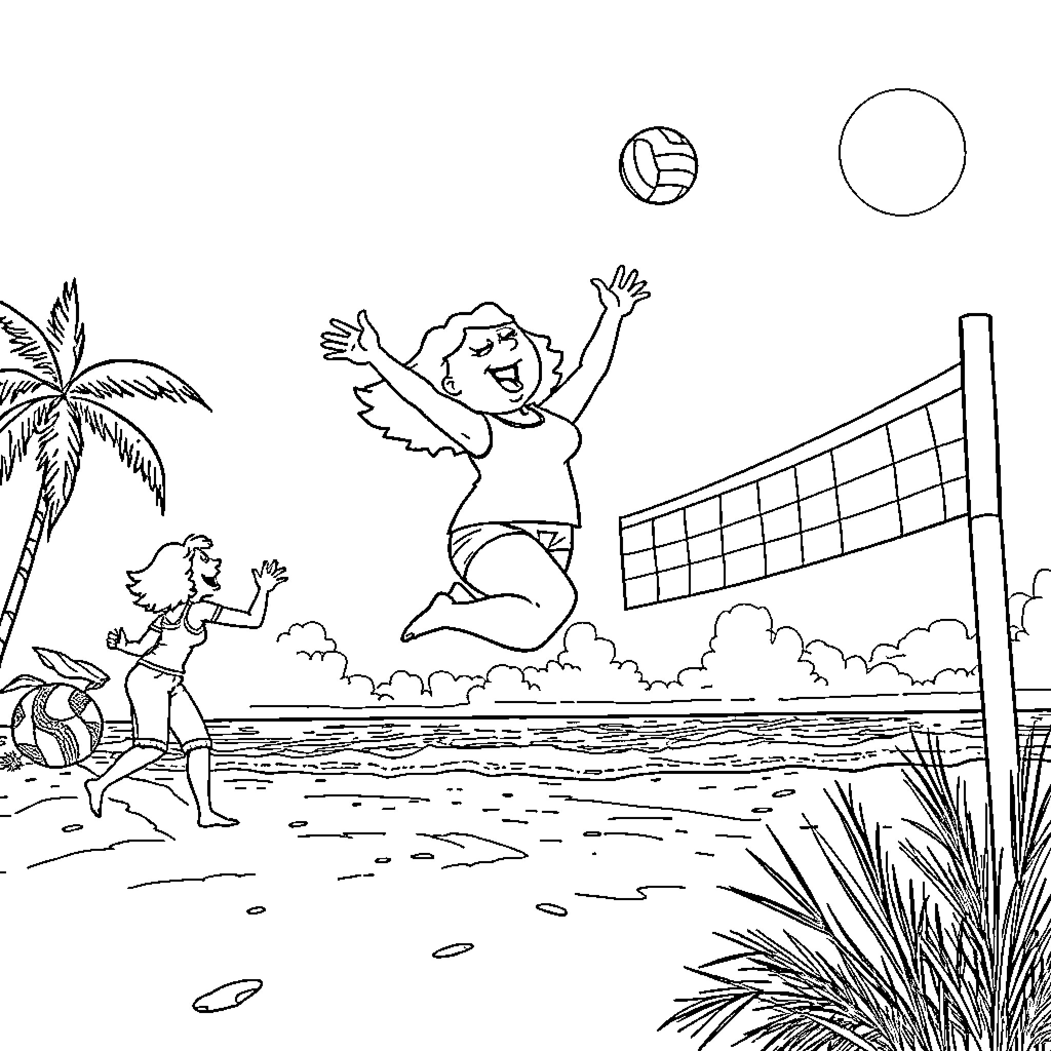 Lois Griffin playing beach volleyball with friends Coloring Page (free black-and-white line drawing printable PDF for all, from beginners to advanced learners, including children, teens, adults, and seniors)