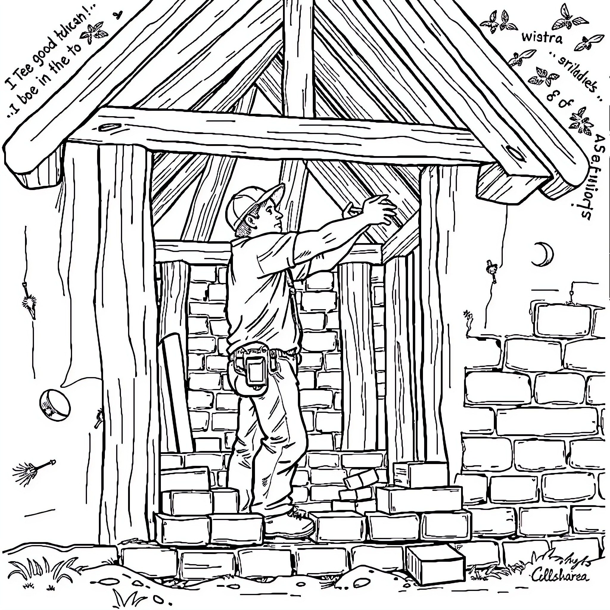 Man working on building a hut in nature Coloring Page (free black-and-white line drawing printable PDF for all, from beginners to advanced learners, including children, teens, adults, and seniors)