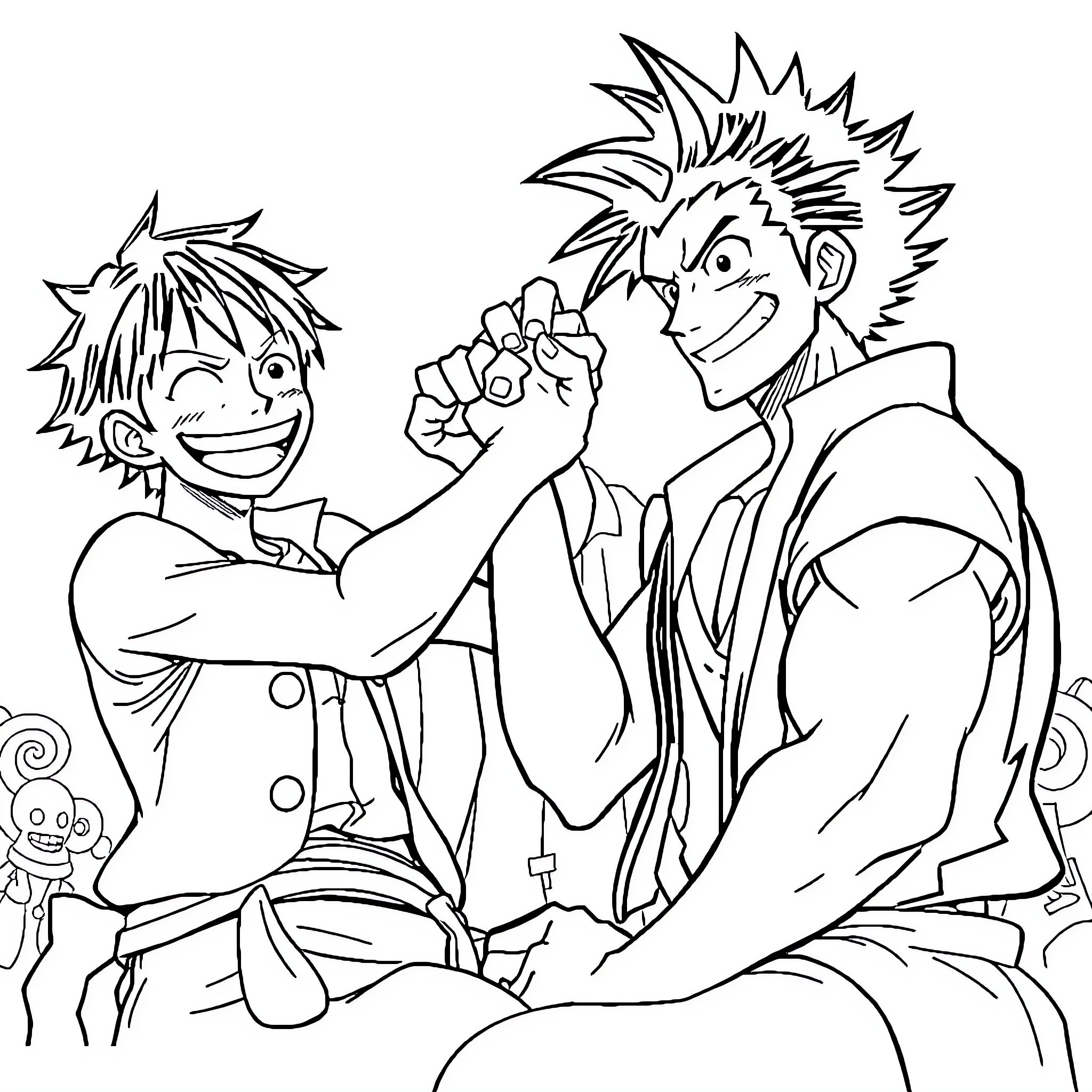 Luffy and friend in animated adventure scene Coloring Page (free black-and-white line drawing printable PDF for all, from beginners to advanced learners, including children, teens, adults, and seniors)