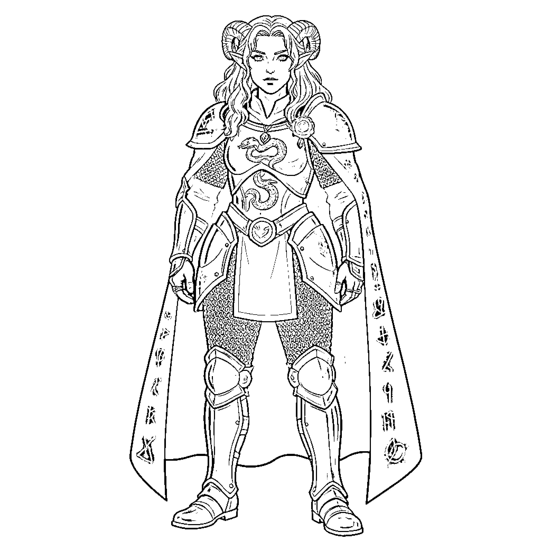 Warrior in ornate armor standing with a long cape Coloring Page (free black-and-white line drawing printable PDF for all, from beginners to advanced learners, including children, teens, adults, and seniors)