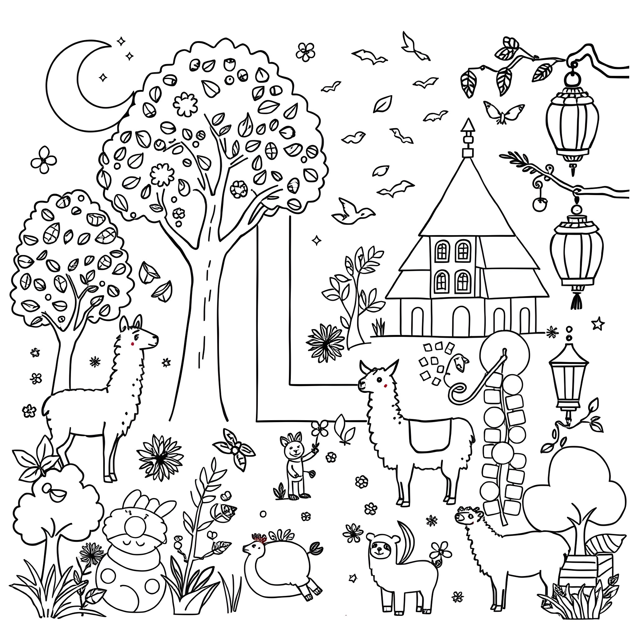 Lively Landscape with Llamas and Lovely Lanterns Coloring Page (free black-and-white line drawing printable PDF for all, from beginners to advanced learners, including children, teens, adults, and seniors)