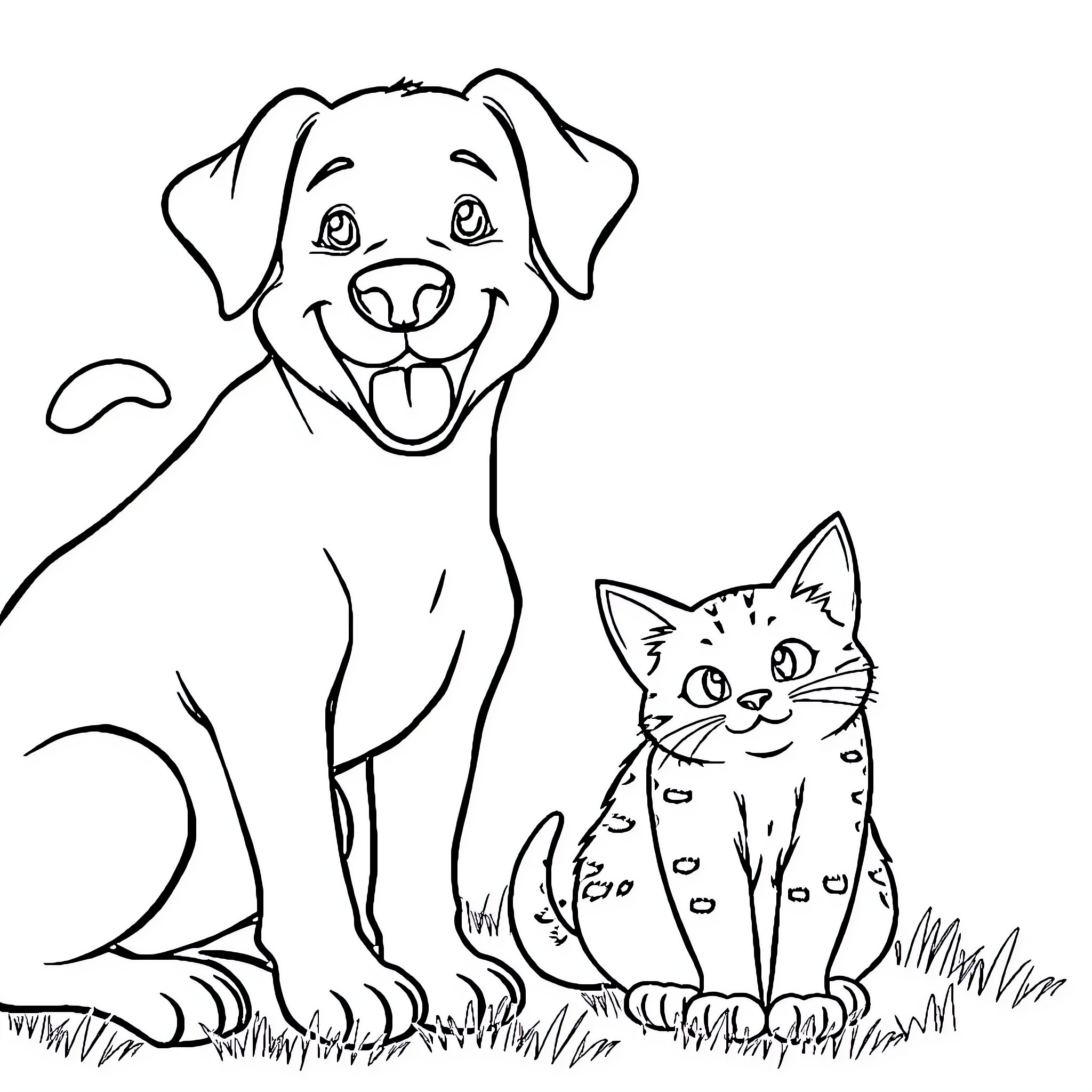 Dog and Cat Playing Happily Together Coloring Page (free black-and-white line drawing printable PDF for all, from beginners to advanced learners, including children, teens, adults, and seniors)