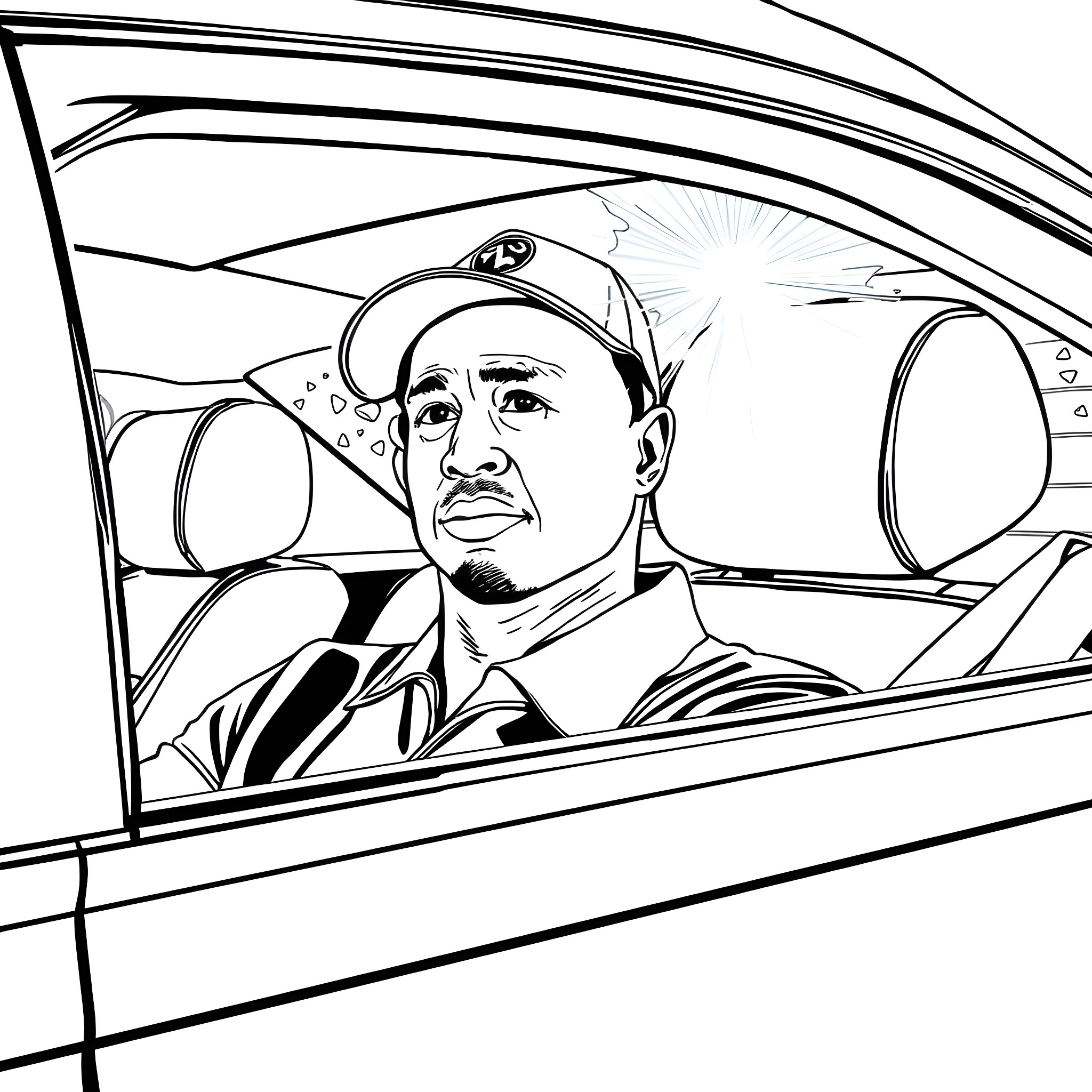 Tiger Woods in racing car cockpit Coloring Page (free black-and-white line drawing printable PDF for all, from beginners to advanced learners, including children, teens, adults, and seniors)