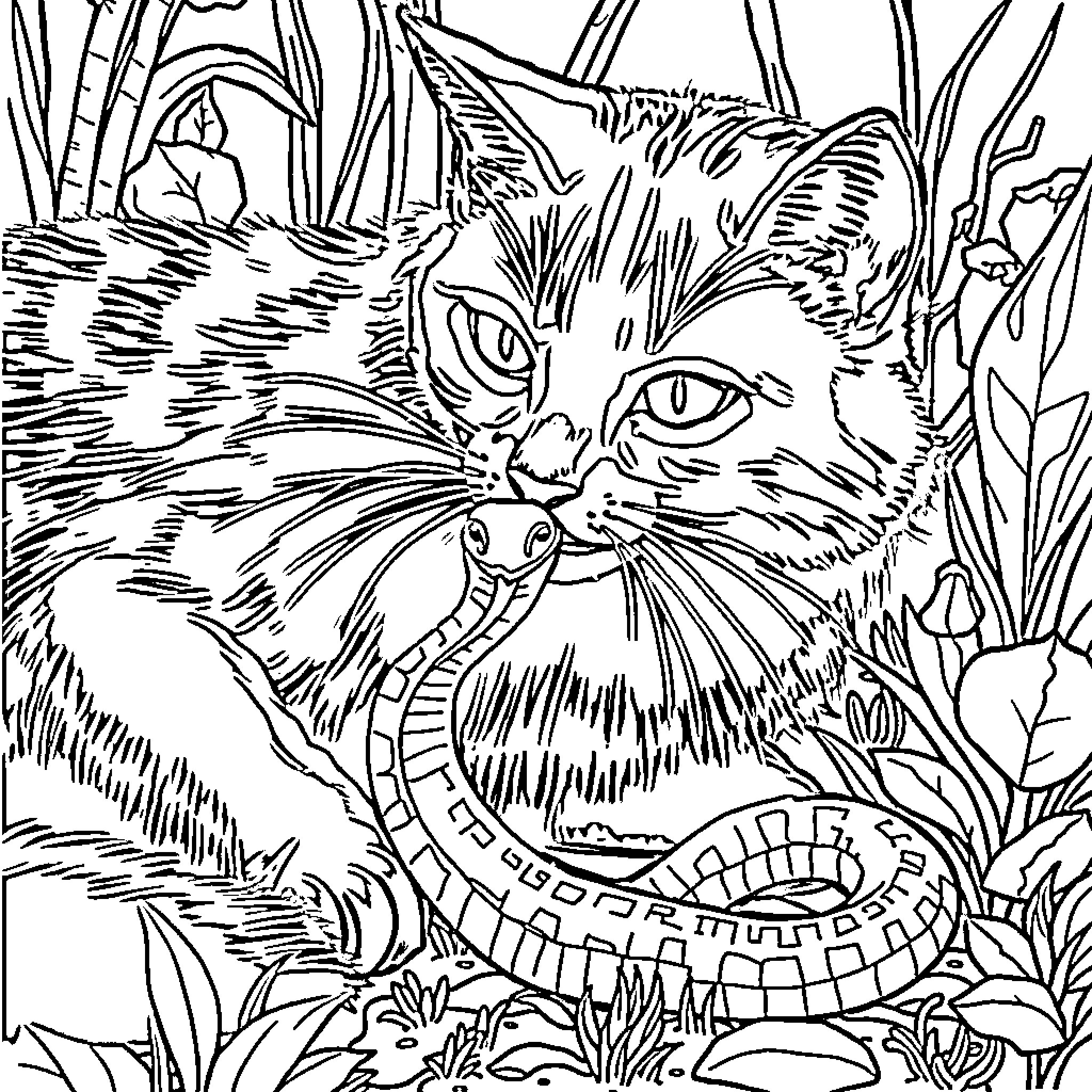 Cat in the jungle with intricate patterns Coloring Page (free black-and-white line drawing printable PDF for all, from beginners to advanced learners, including children, teens, adults, and seniors)
