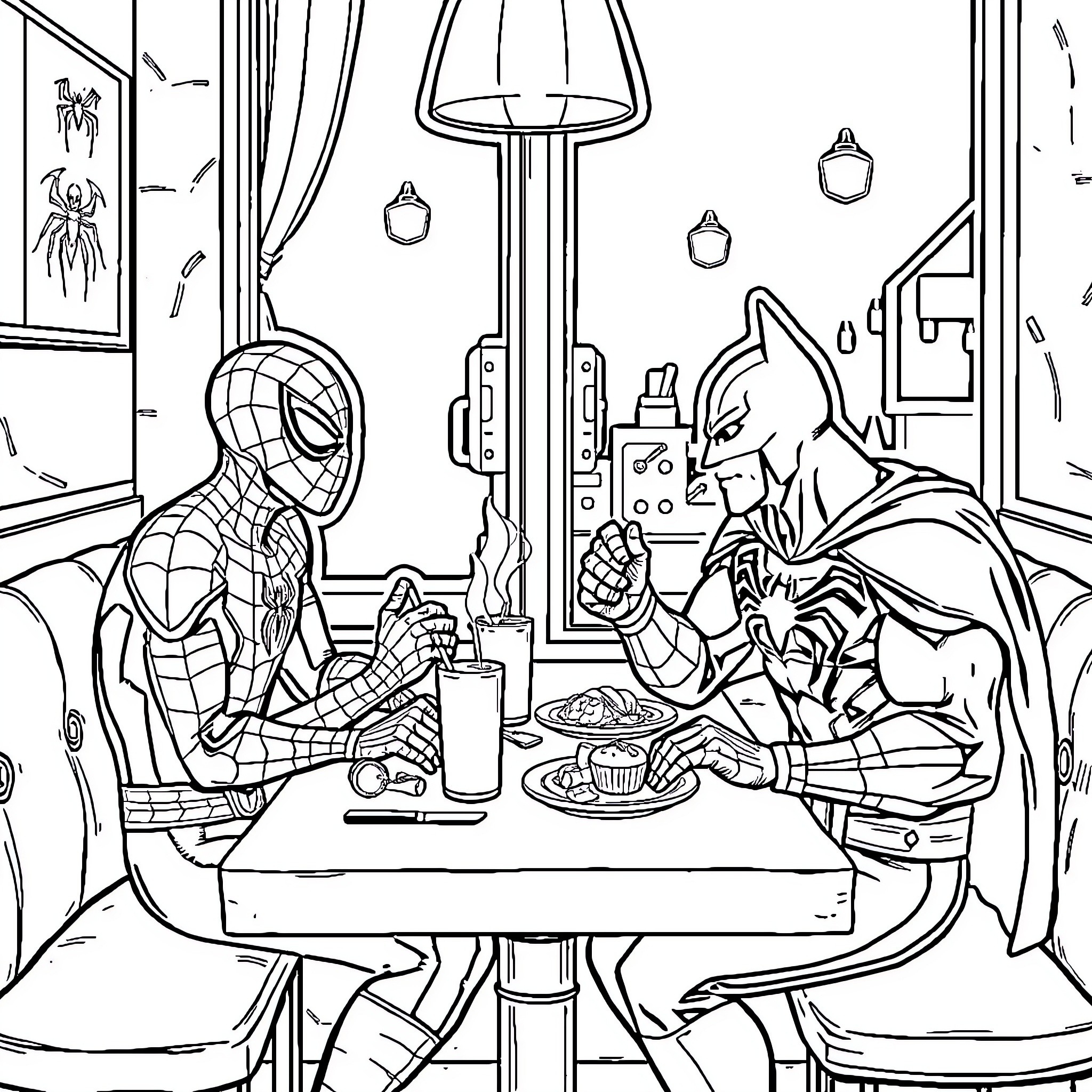 Spiderman and Catwoman share a meal in a cozy room Coloring Page (free black-and-white line drawing printable PDF for all, from beginners to advanced learners, including children, teens, adults, and seniors)