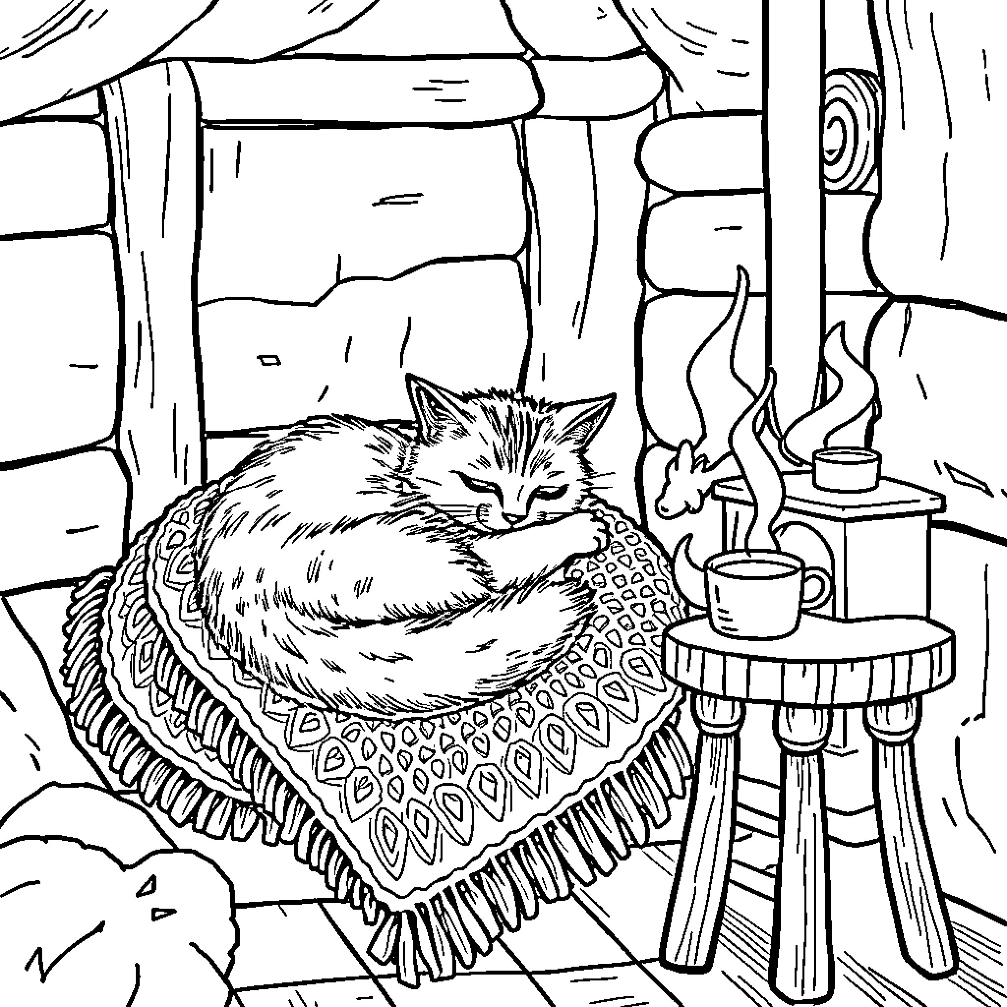 Cat relaxing comfortably in a cozy den Coloring Page (free black-and-white line drawing printable PDF for all, from beginners to advanced learners, including children, teens, adults, and seniors)