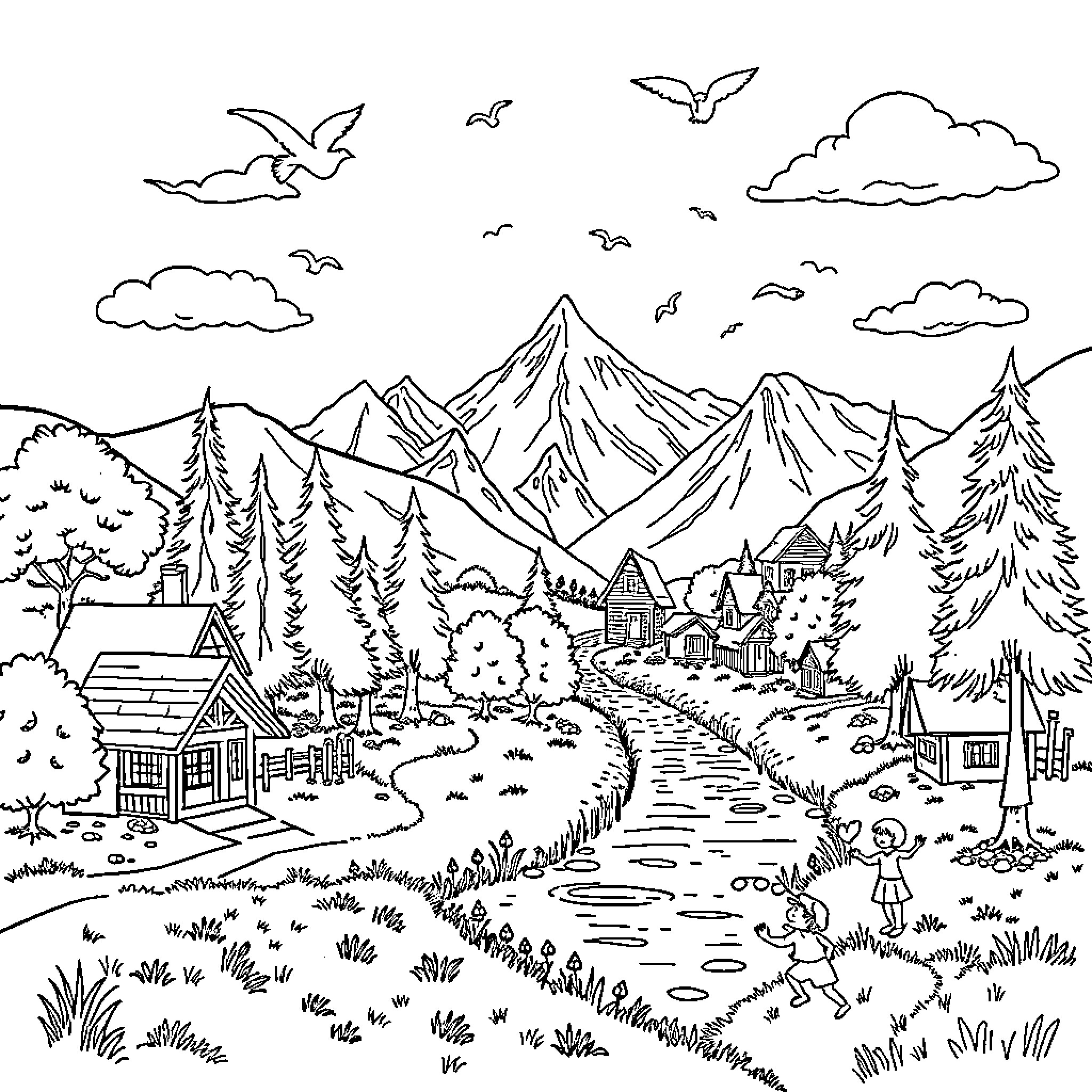 Village Landscape with Mountain Scenery and Rustic Cottages Coloring Page (free black-and-white line drawing printable PDF for all, from beginners to advanced learners, including children, teens, adults, and seniors)