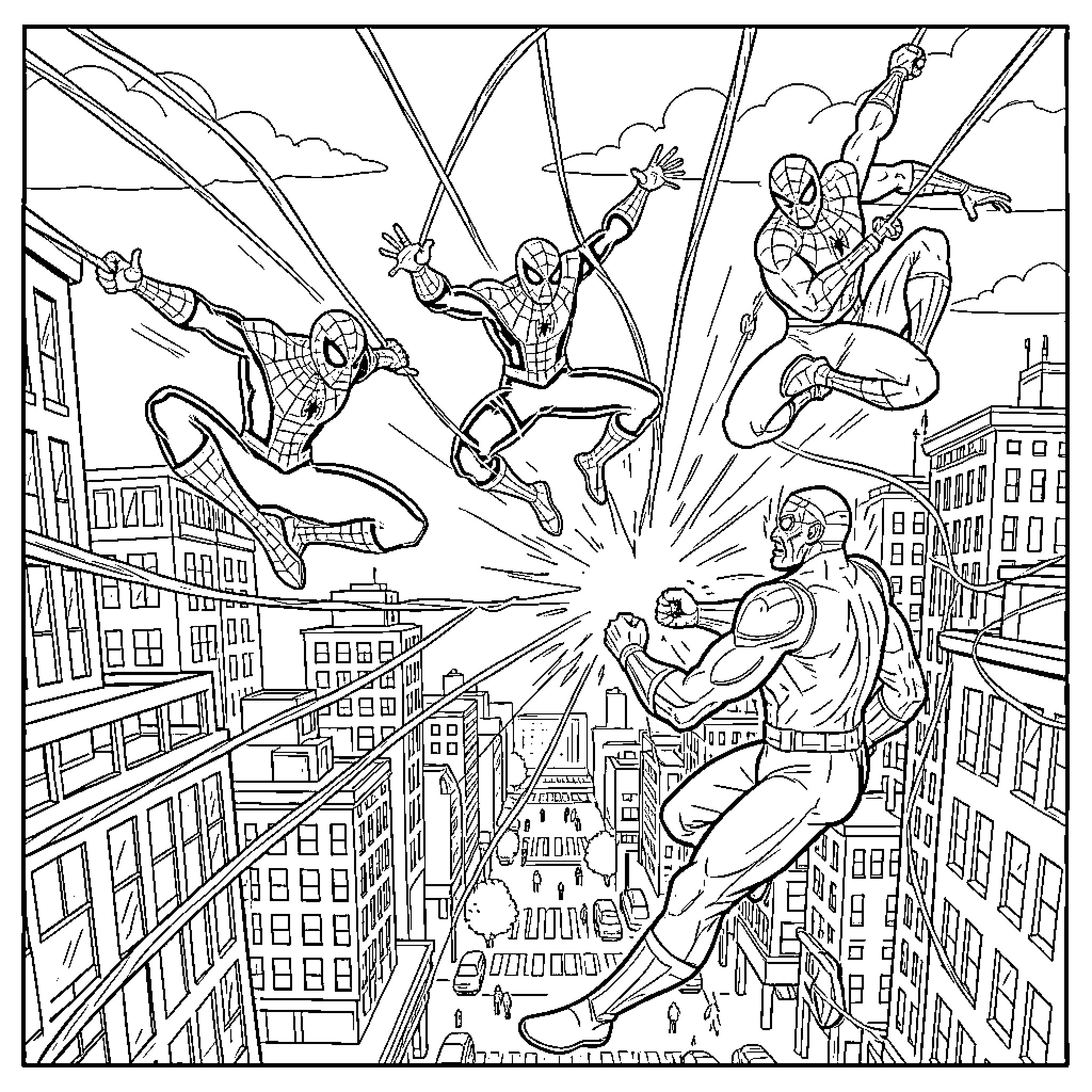 Spider-Man fighting a powerful villain in the city Coloring Page (free black-and-white line drawing printable PDF for all, from beginners to advanced learners, including children, teens, adults, and seniors)