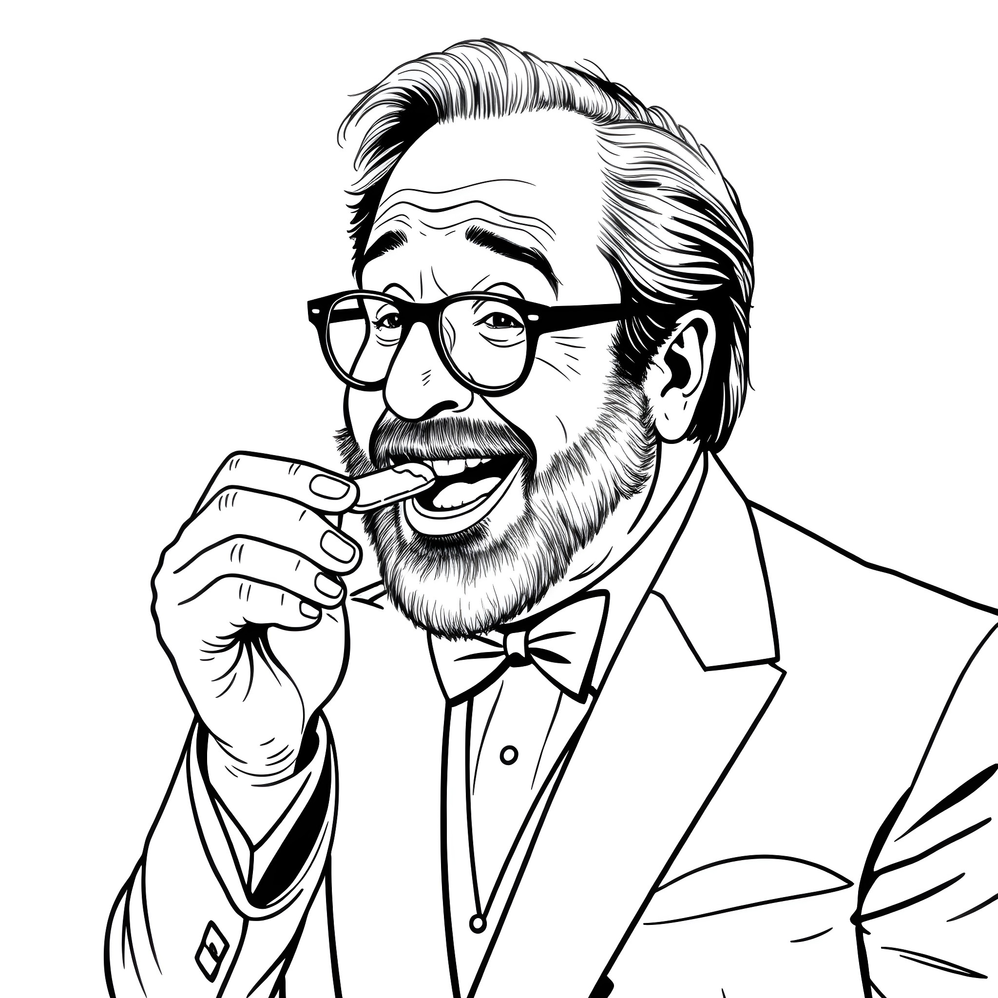 Danny DeVito in a contemplative pose with glasses and a bow tie Coloring Page (free black-and-white line drawing printable PDF for all, from beginners to advanced learners, including children, teens, adults, and seniors)