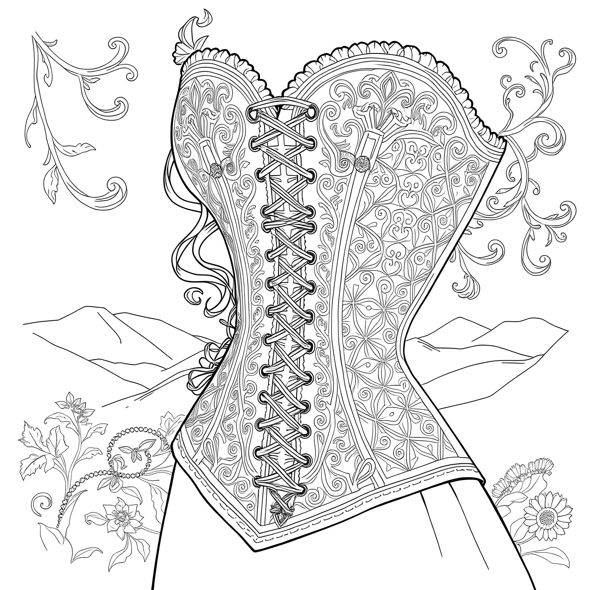 Merida's Ornate Corset and Floral Surroundings Coloring Page (free black-and-white line drawing printable PDF for all, from beginners to advanced learners, including children, teens, adults, and seniors)