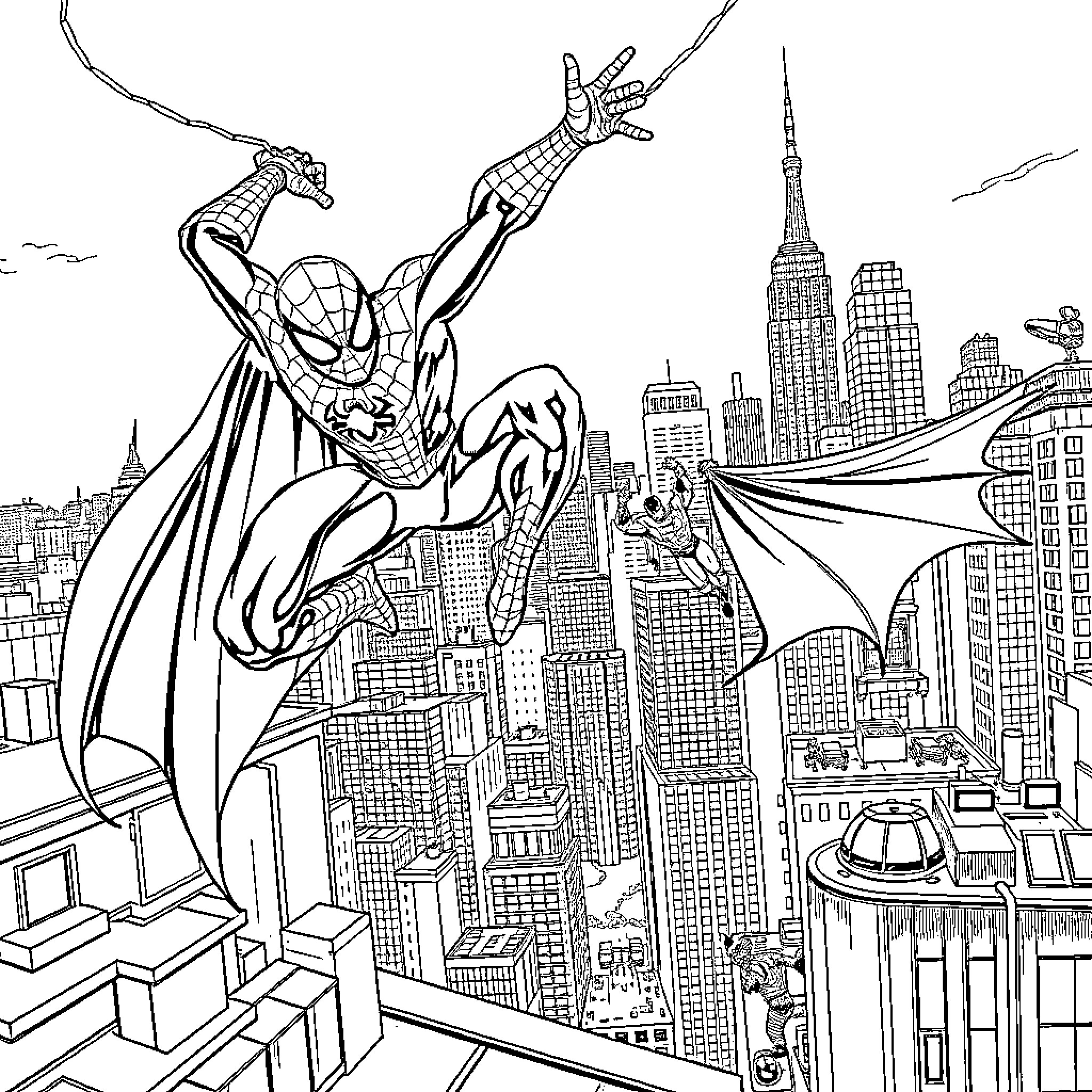 Spiderman swinging through the city skyline Coloring Page (free black-and-white line drawing printable PDF for all, from beginners to advanced learners, including children, teens, adults, and seniors)