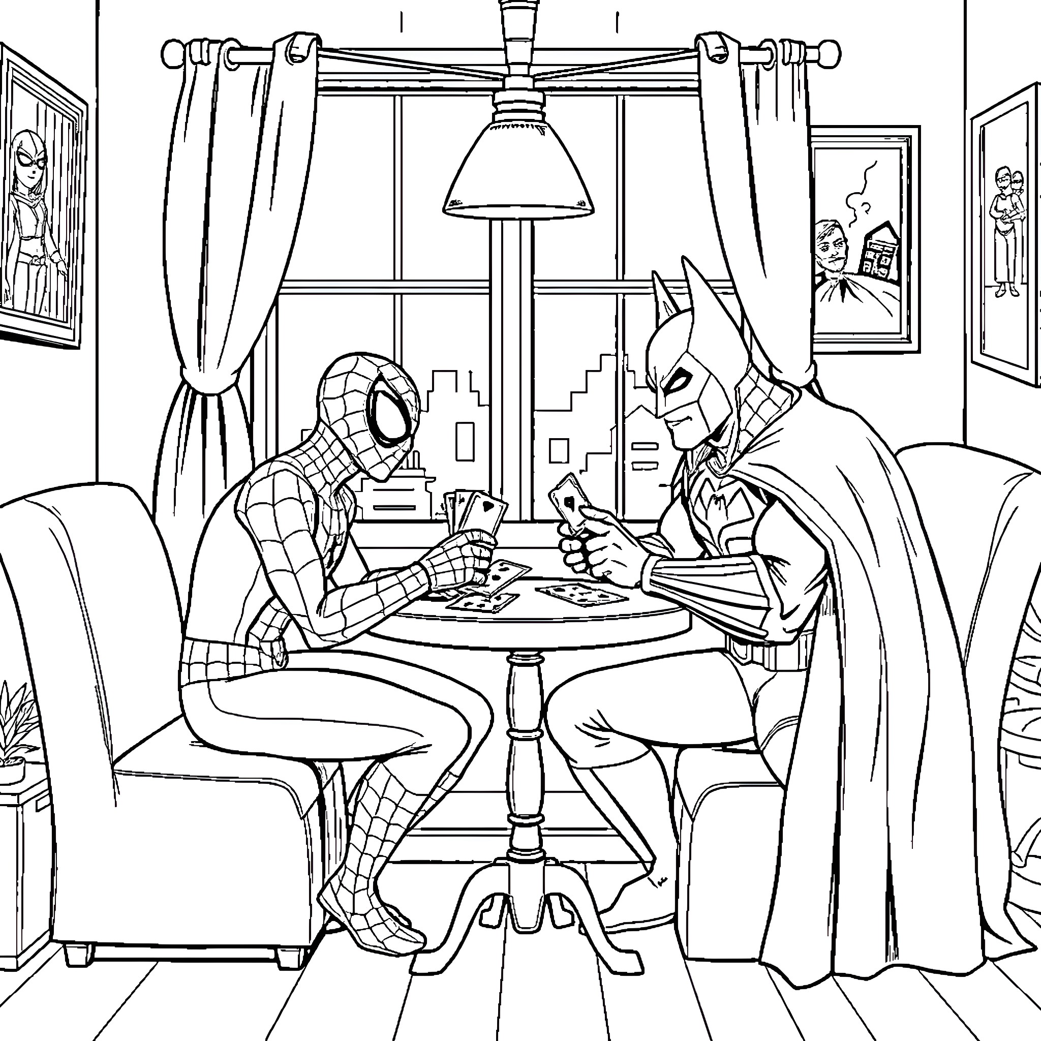 Spider-Man playing board game with Batman in living room Coloring Page (free black-and-white line drawing printable PDF for all, from beginners to advanced learners, including children, teens, adults, and seniors)