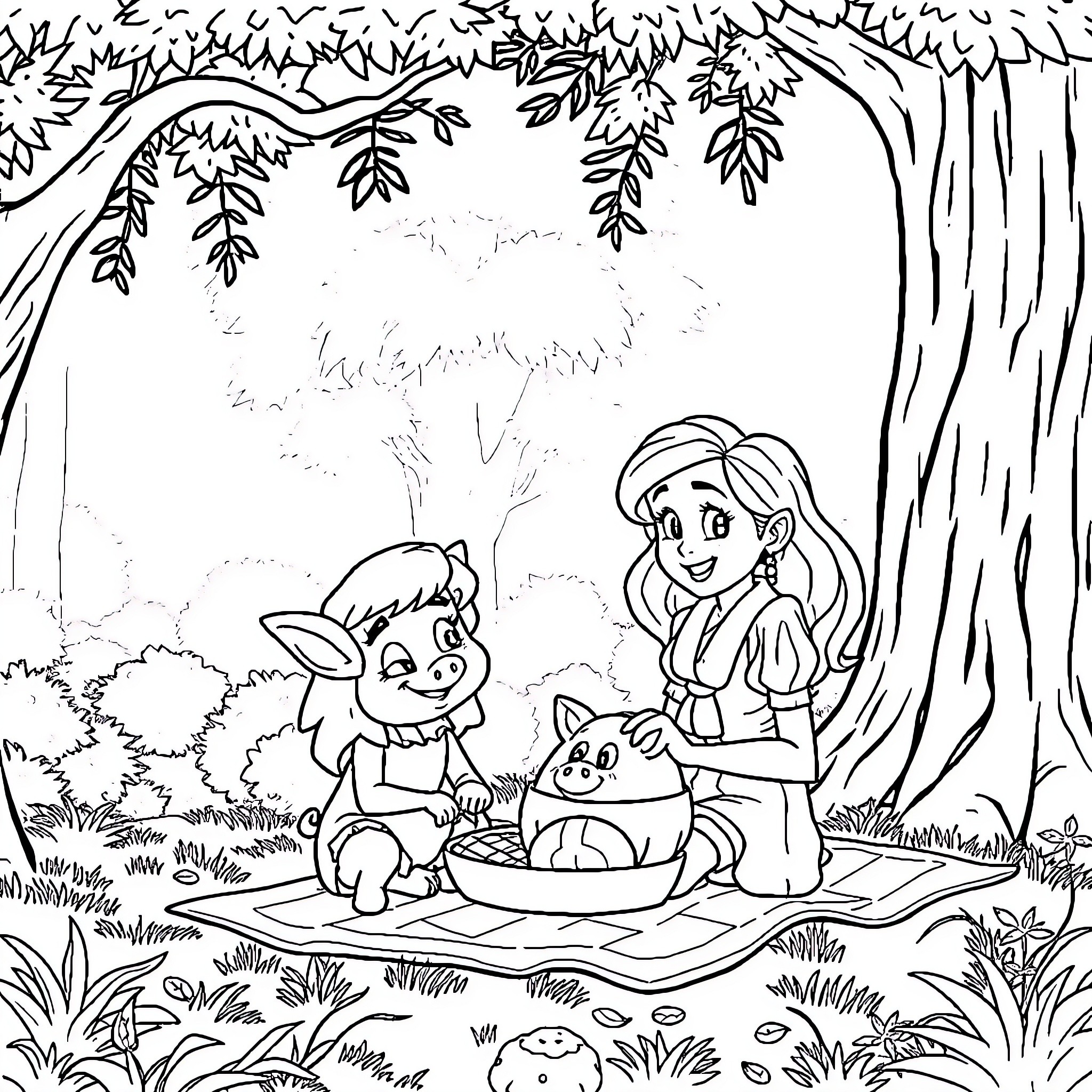 Eilonwy enjoys a picnic with her animal friends Coloring Page (free black-and-white line drawing printable PDF for all, from beginners to advanced learners, including children, teens, adults, and seniors)