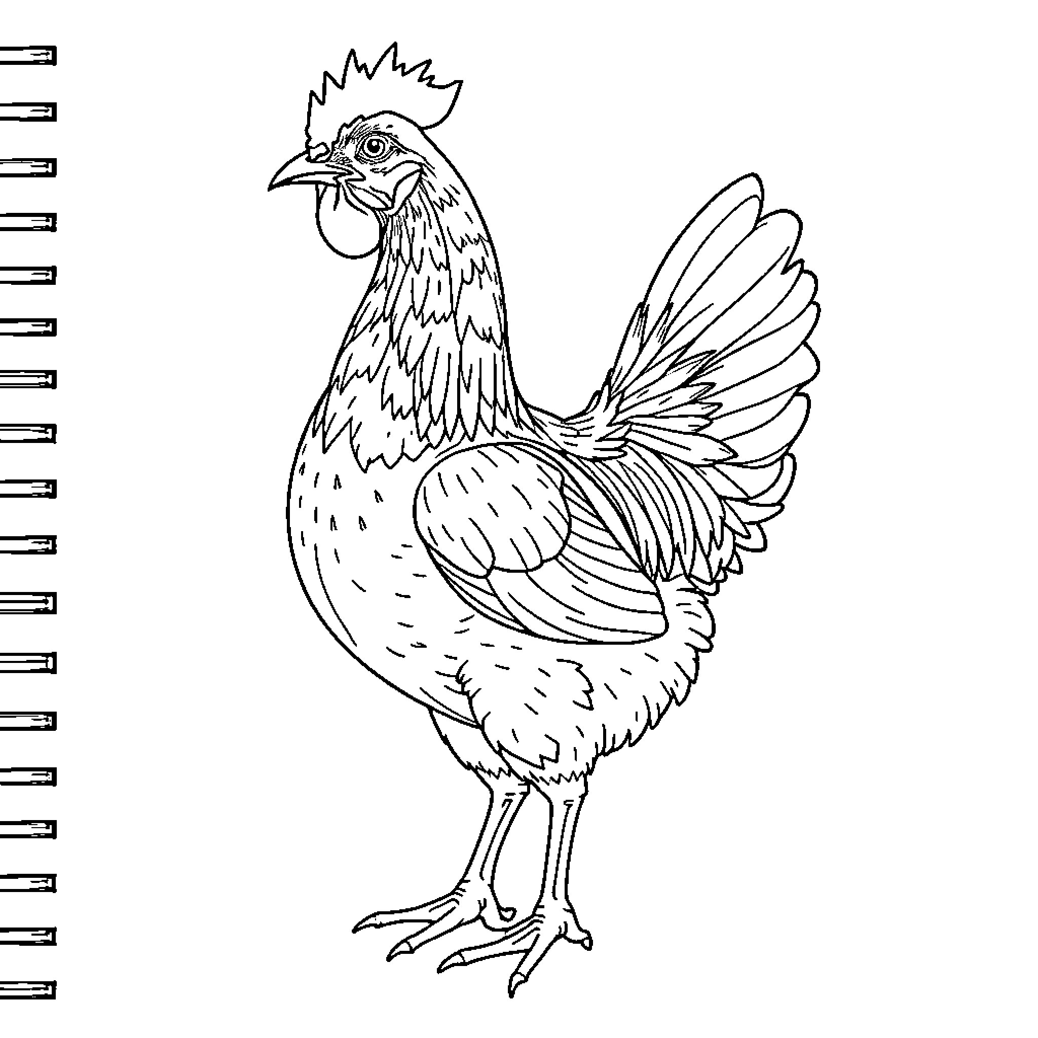 Chicken standing proudly with detailed feathers Coloring Page (free black-and-white line drawing printable PDF for all, from beginners to advanced learners, including children, teens, adults, and seniors)