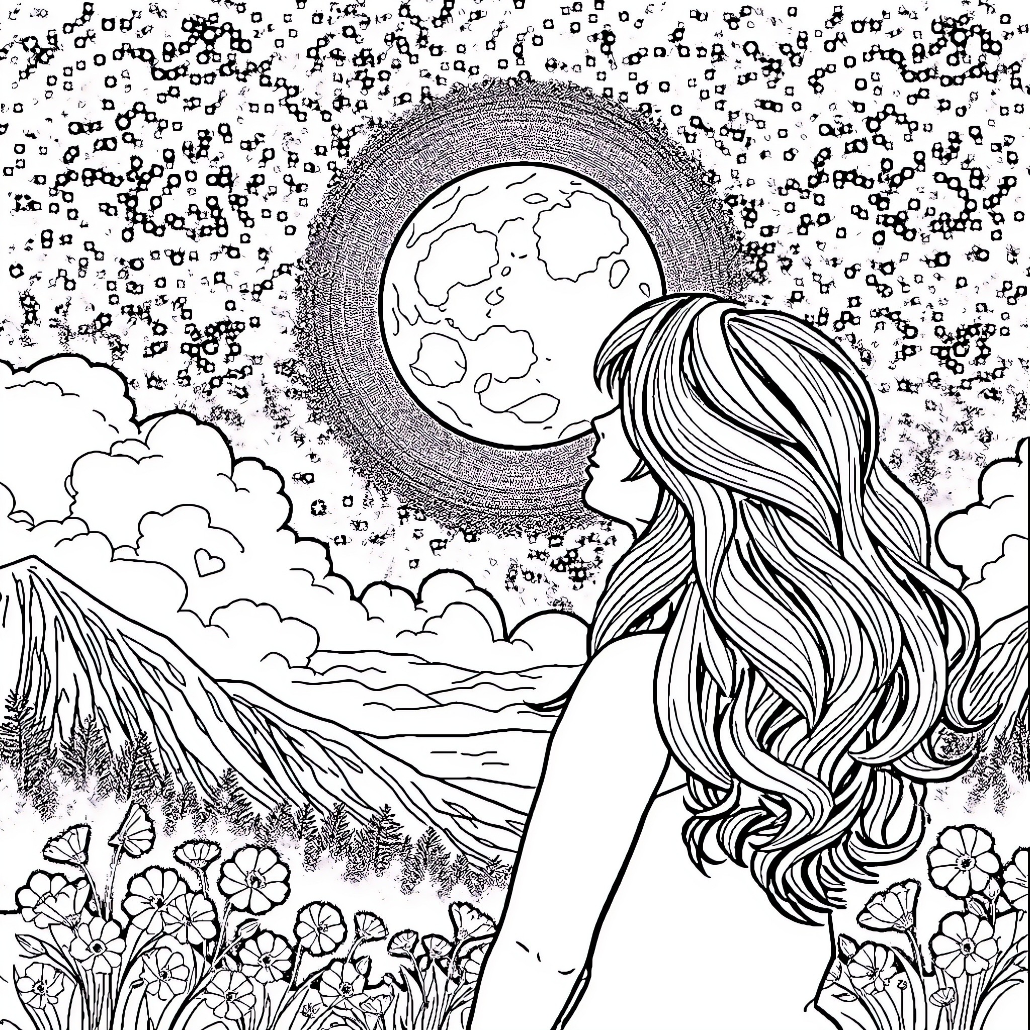 Mariline Moonro gazing at the night sky Coloring Page (free black-and-white line drawing printable PDF for all, from beginners to advanced learners, including children, teens, adults, and seniors)