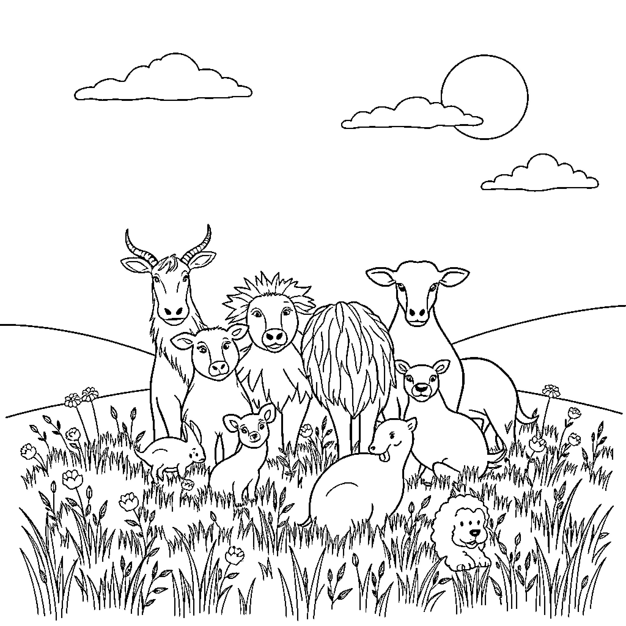 Animals gathered in a peaceful meadow Coloring Page (free black-and-white line drawing printable PDF for all, from beginners to advanced learners, including children, teens, adults, and seniors)