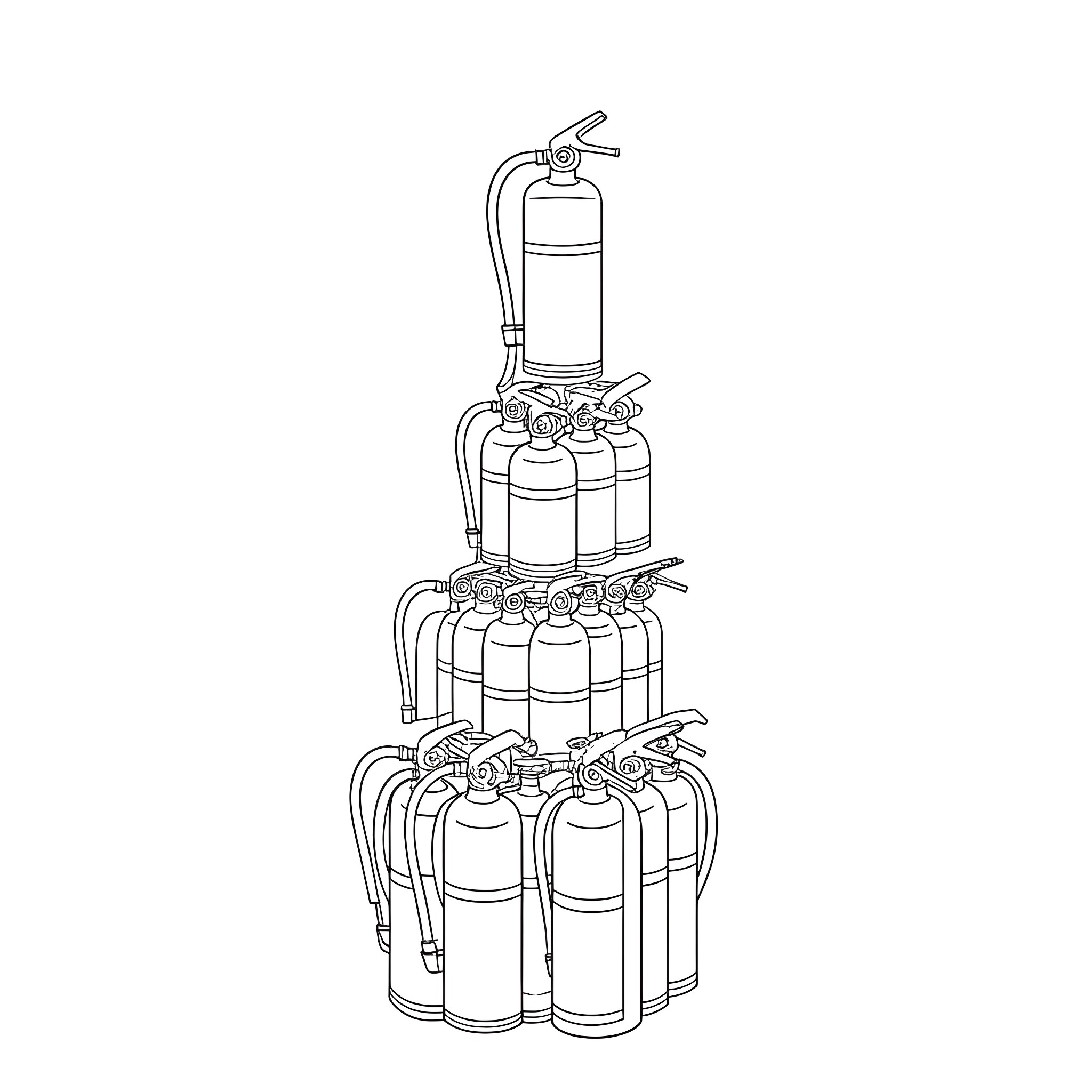Fire Extinguisher Stacked in Orderly Arrangement Coloring Page (free black-and-white line drawing printable PDF for all, from beginners to advanced learners, including children, teens, adults, and seniors)