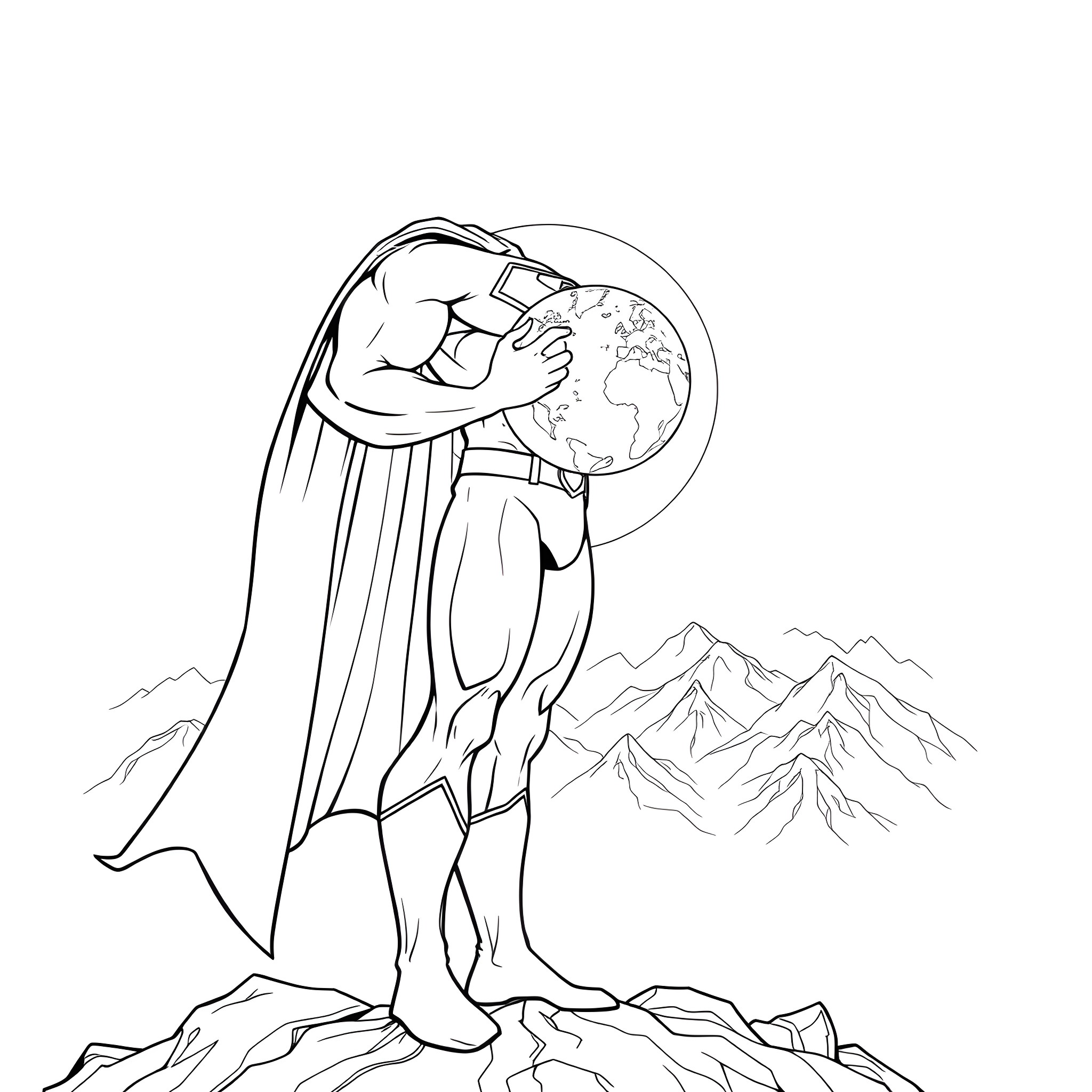 Superman protecting the Earth with determination Coloring Page (free black-and-white line drawing printable PDF for all, from beginners to advanced learners, including children, teens, adults, and seniors)