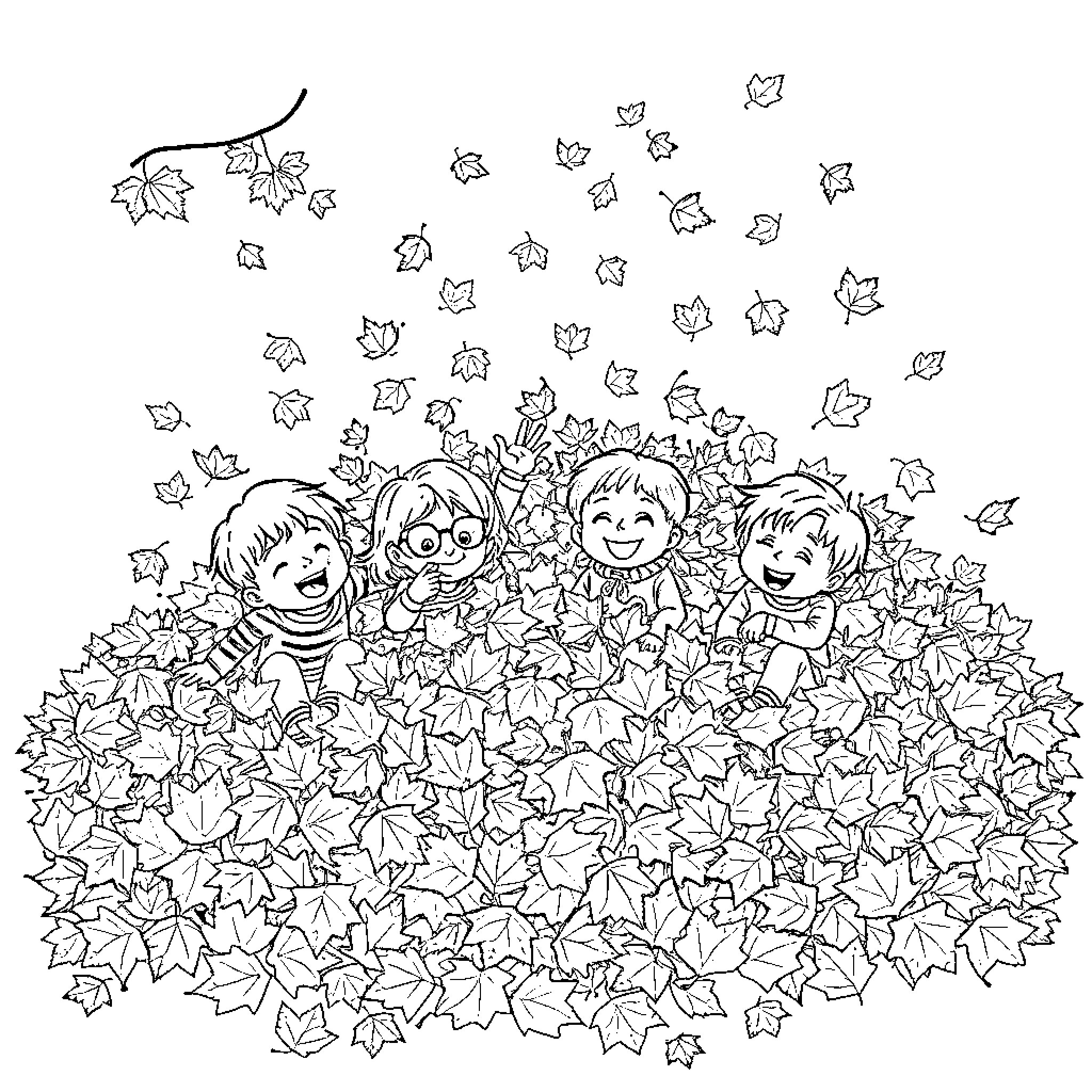 Kids playing joyfully in autumn leaves Coloring Page (free black-and-white line drawing printable PDF for all, from beginners to advanced learners, including children, teens, adults, and seniors)