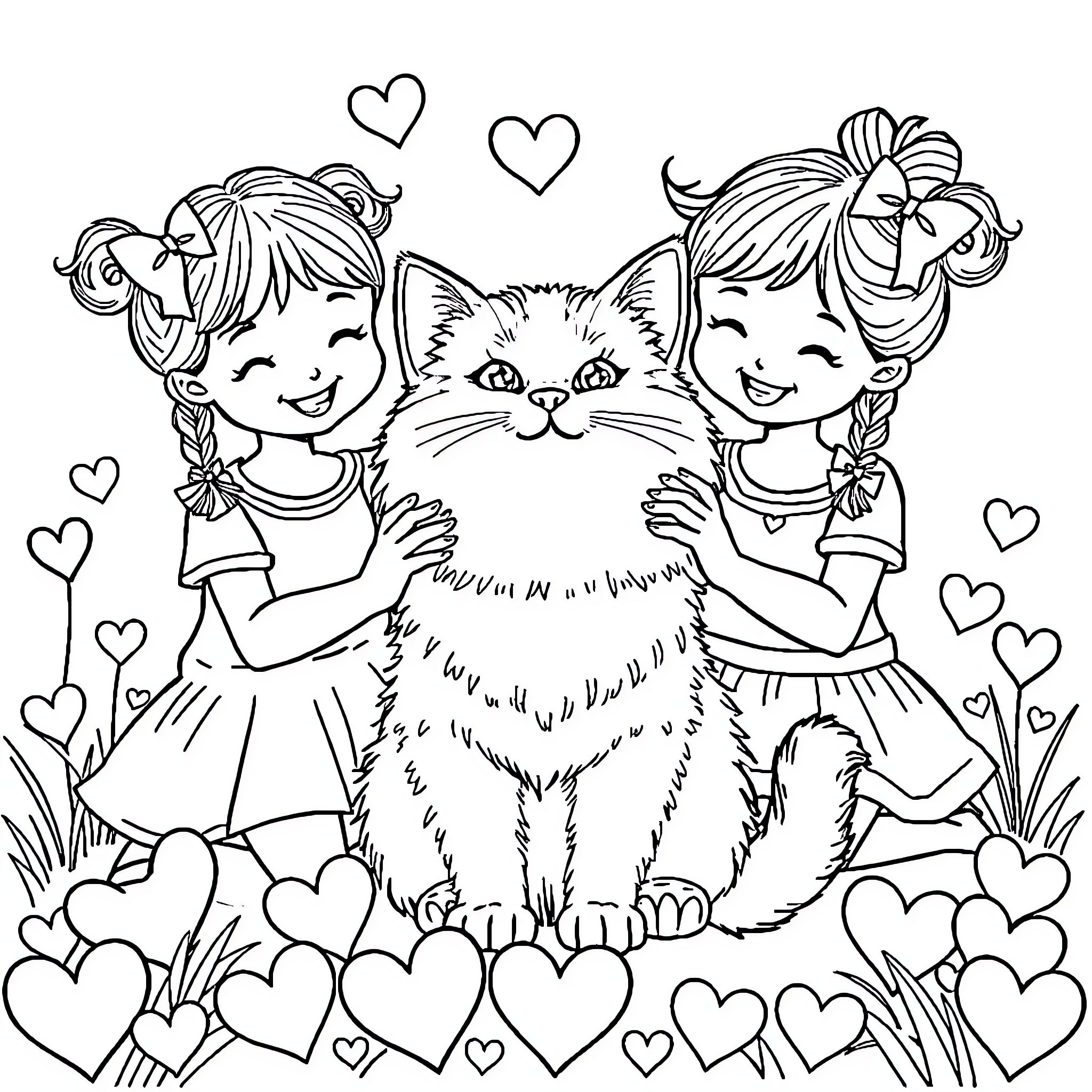 Cat with Adoring Girls in Floral Setting Coloring Page (free black-and-white line drawing printable PDF for all, from beginners to advanced learners, including children, teens, adults, and seniors)
