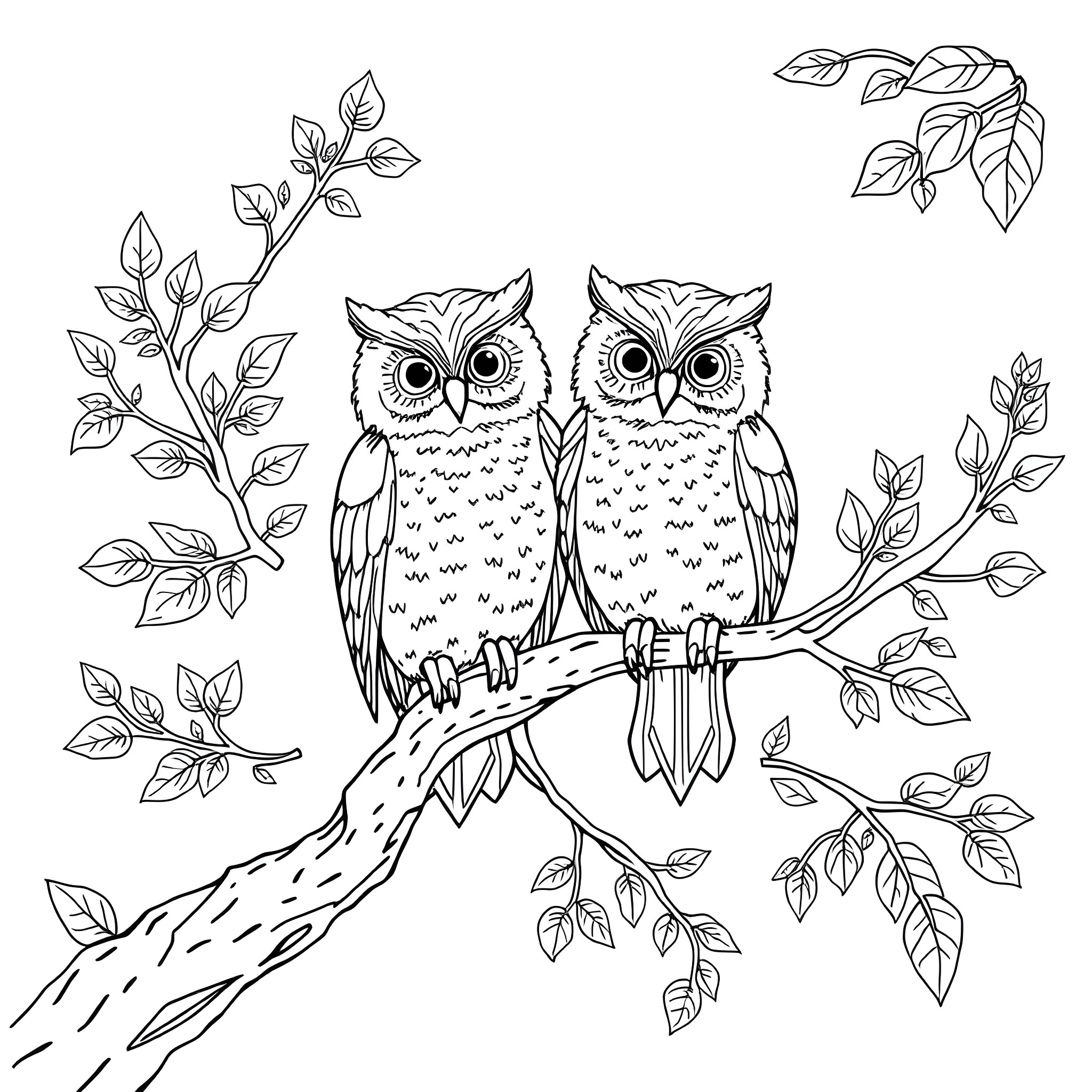 Owl couple perched on branch in nature Coloring Page (free black-and-white line drawing printable PDF for all, from beginners to advanced learners, including children, teens, adults, and seniors)