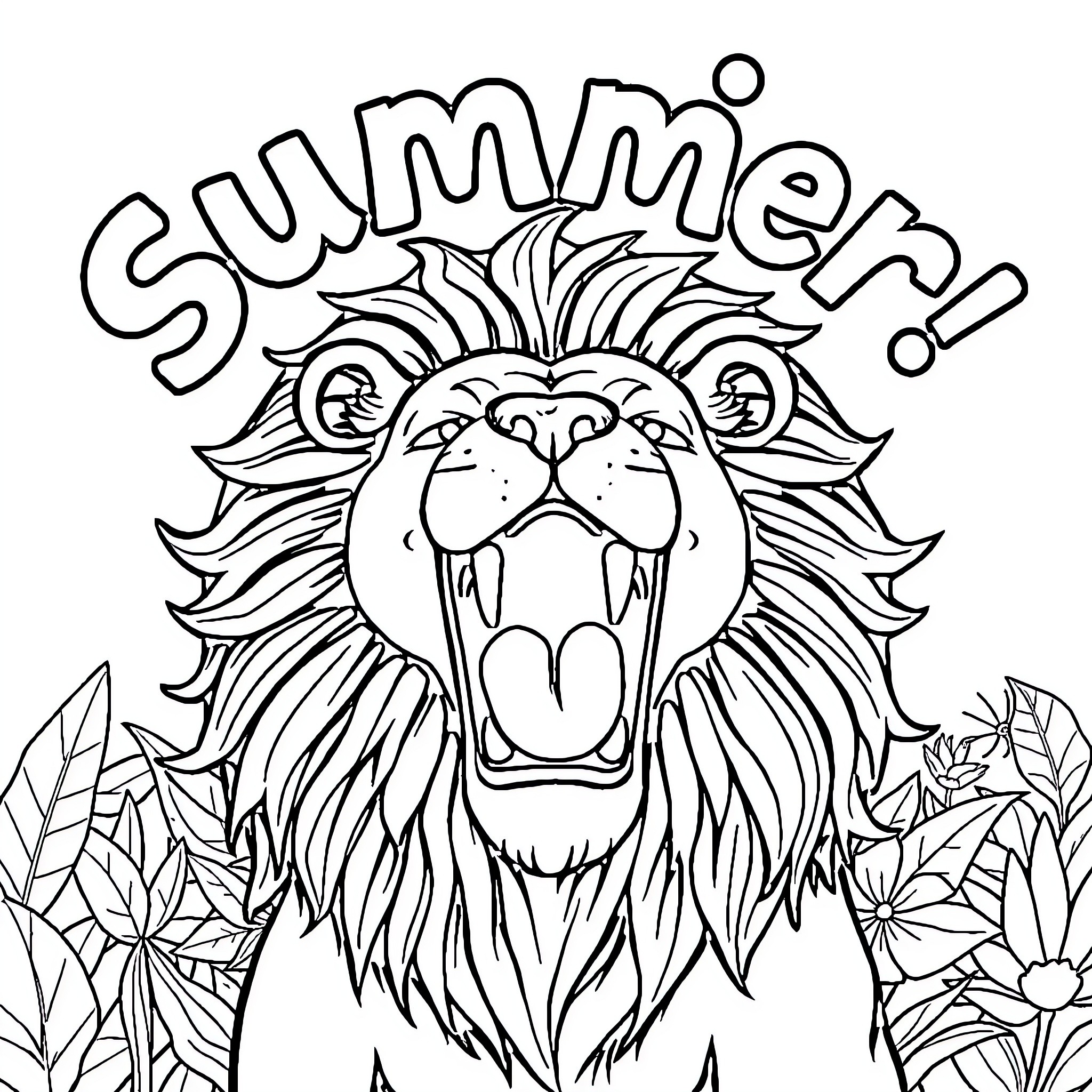 Lion Roaring with Floral Accents Coloring Page (free black-and-white line drawing printable PDF for all, from beginners to advanced learners, including children, teens, adults, and seniors)