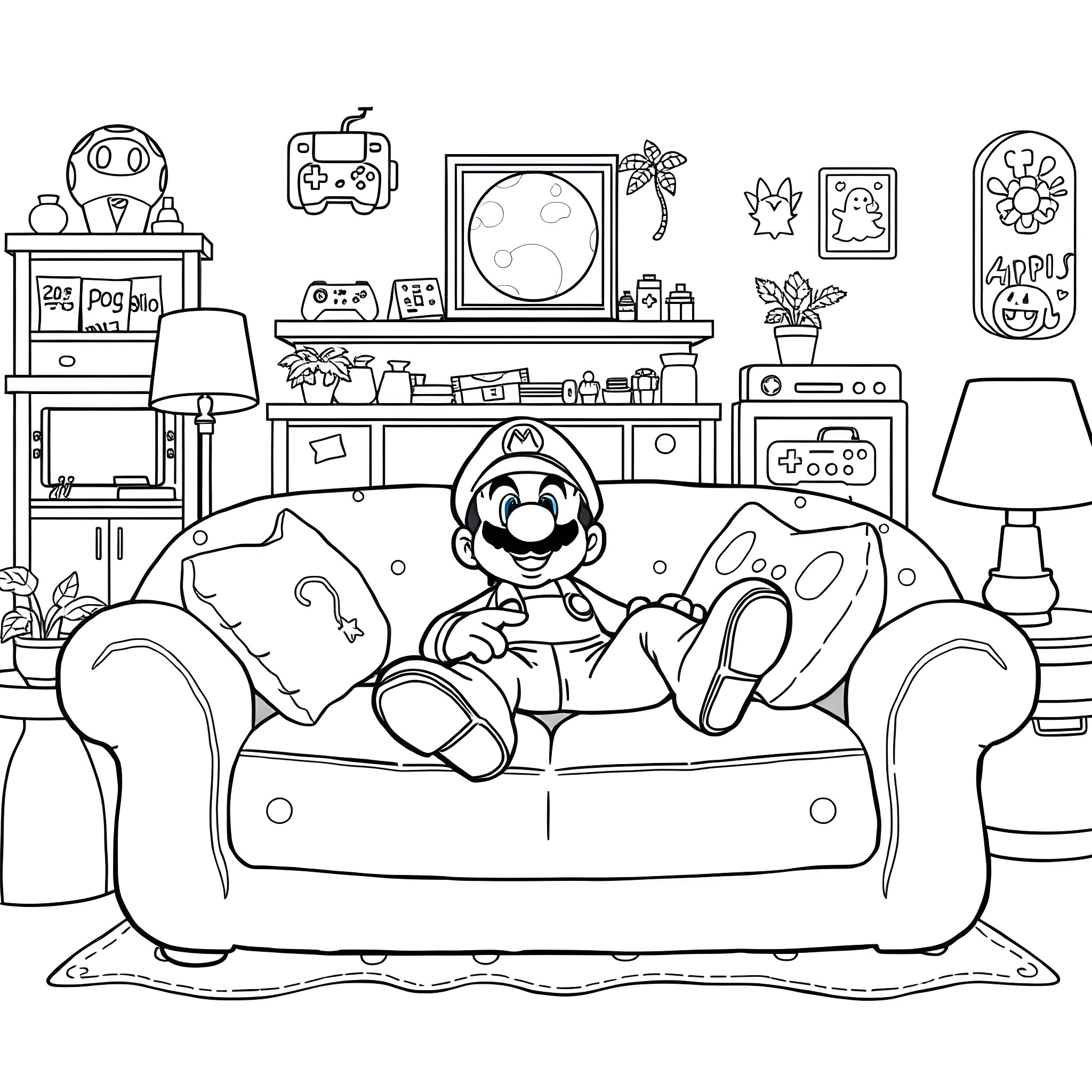 Mario relaxing on the couch in his game room Coloring Page (free black-and-white line drawing printable PDF for all, from beginners to advanced learners, including children, teens, adults, and seniors)