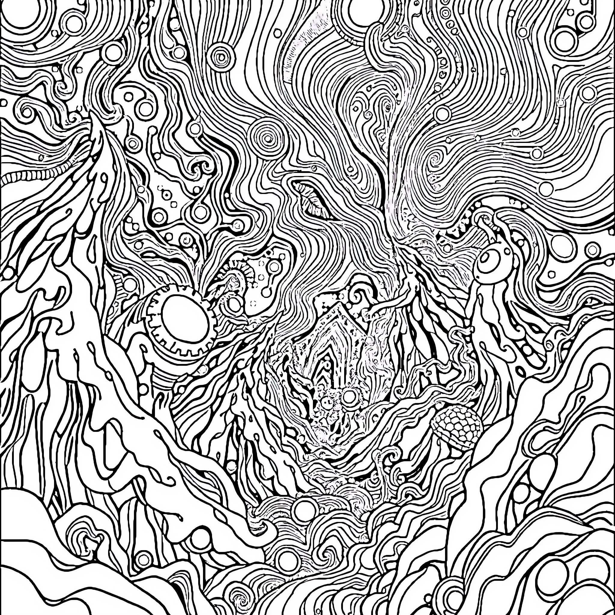 Dmt Psychedelic Swirls and Abstract Patterns Coloring Page (free black-and-white line drawing printable PDF for all, from beginners to advanced learners, including children, teens, adults, and seniors)