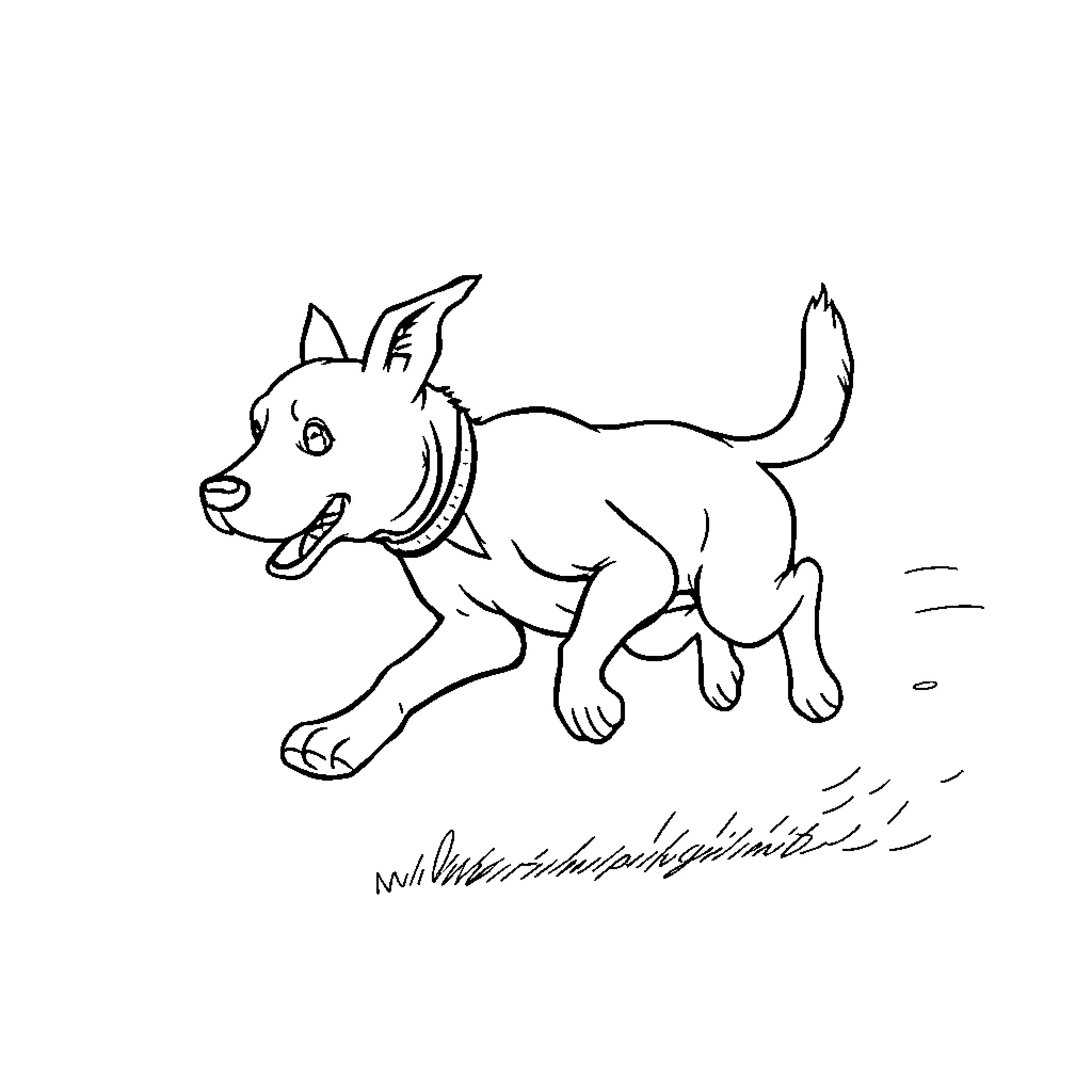 Dog running energetically Coloring Page (free black-and-white line drawing printable PDF for all, from beginners to advanced learners, including children, teens, adults, and seniors)