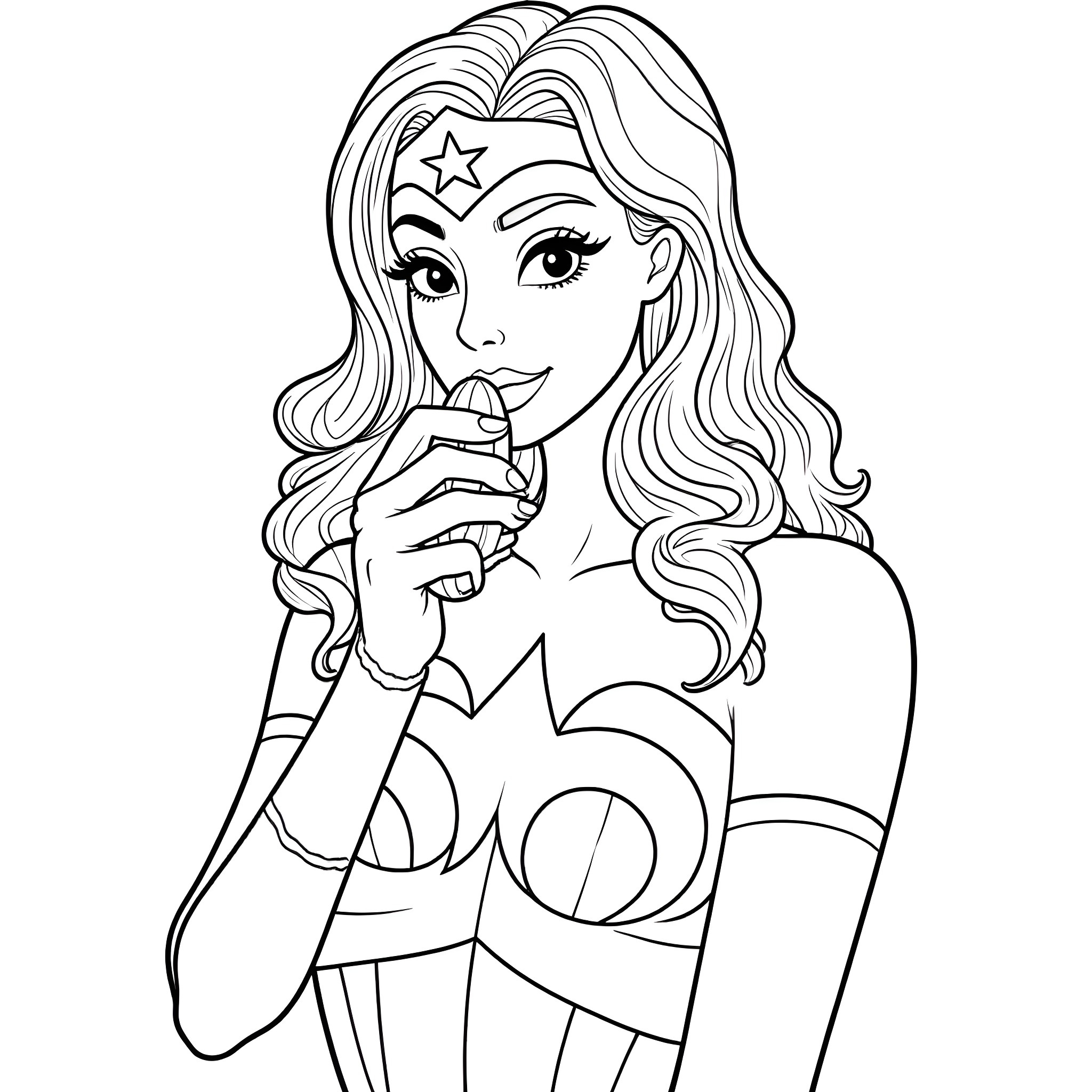 Wonder Woman in action pose with thoughtful expression Coloring Page (free black-and-white line drawing printable PDF for all, from beginners to advanced learners, including children, teens, adults, and seniors)