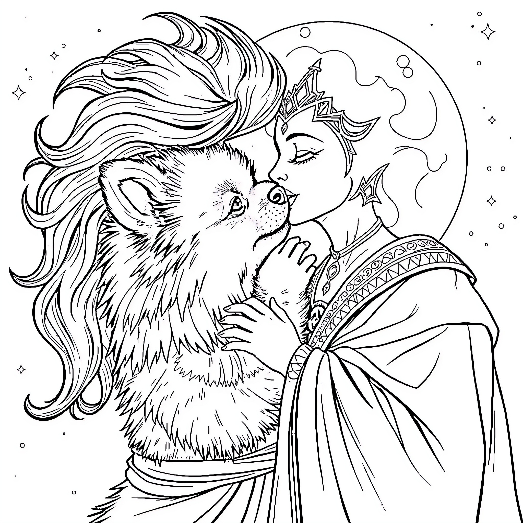 Pomeranian and the Moon Princess Coloring Page (free black-and-white line drawing printable PDF for all, from beginners to advanced learners, including children, teens, adults, and seniors)