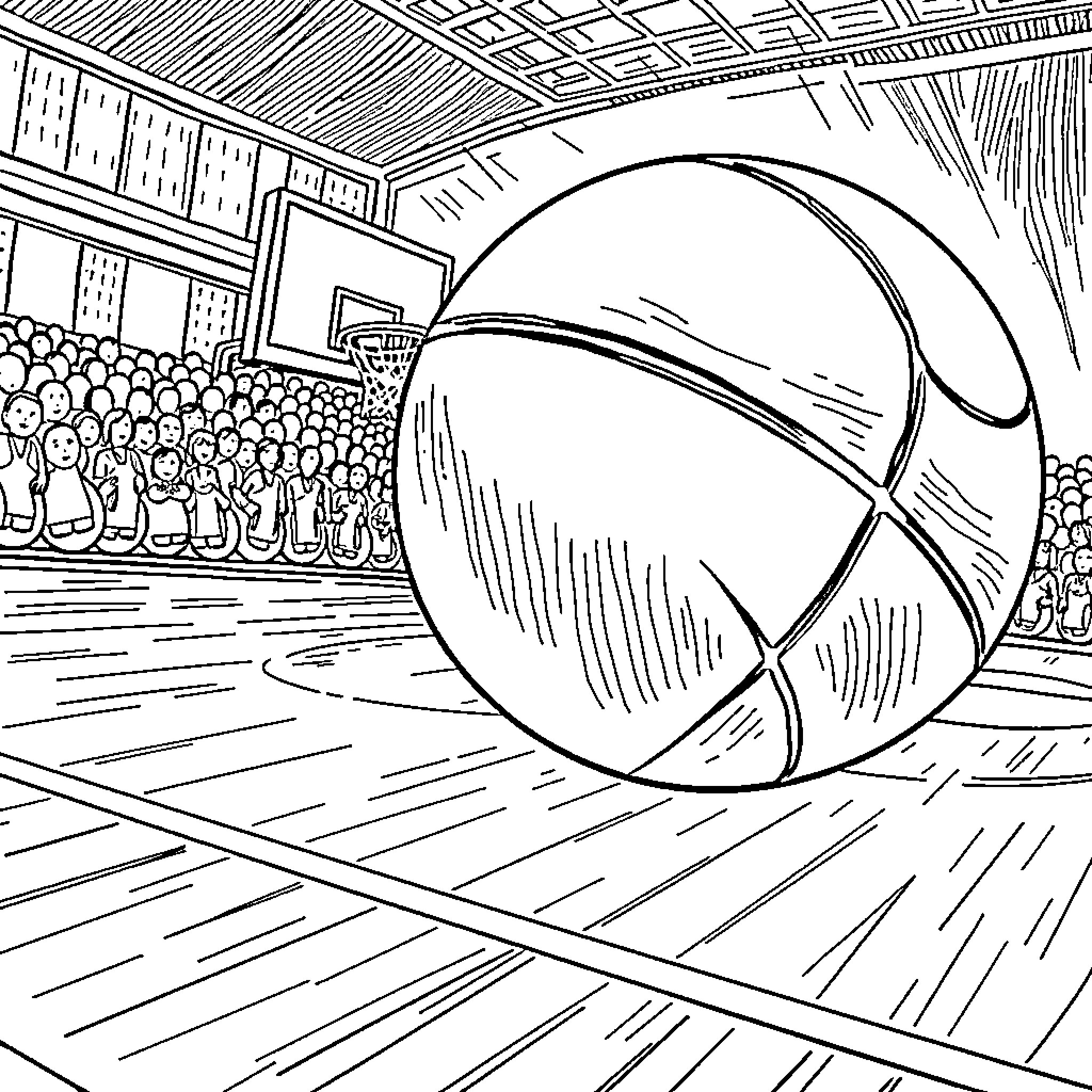 Basketball game in crowded stadium Coloring Page (free black-and-white line drawing printable PDF for all, from beginners to advanced learners, including children, teens, adults, and seniors)