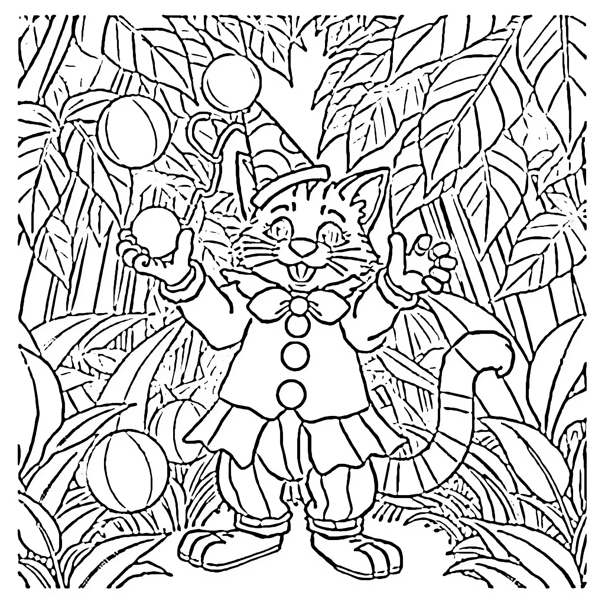 Cat in Playful Jungle Scene Coloring Page (free black-and-white line drawing printable PDF for all, from beginners to advanced learners, including children, teens, adults, and seniors)