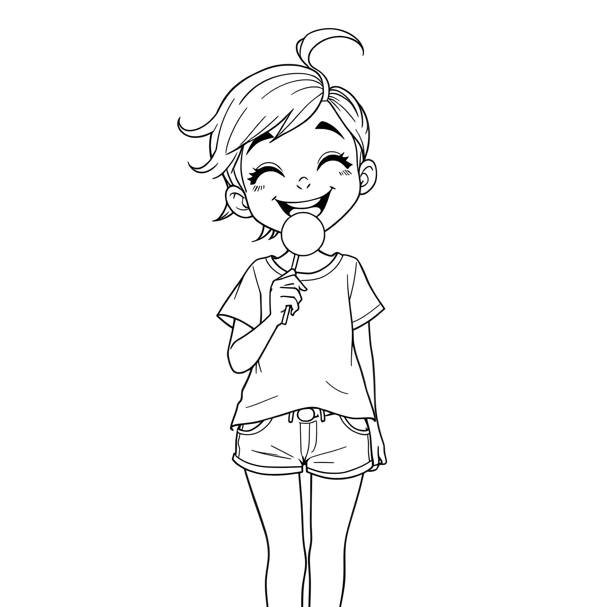 Girl enjoying a lollipop with a happy expression Coloring Page (free black-and-white line drawing printable PDF for all, from beginners to advanced learners, including children, teens, adults, and seniors)