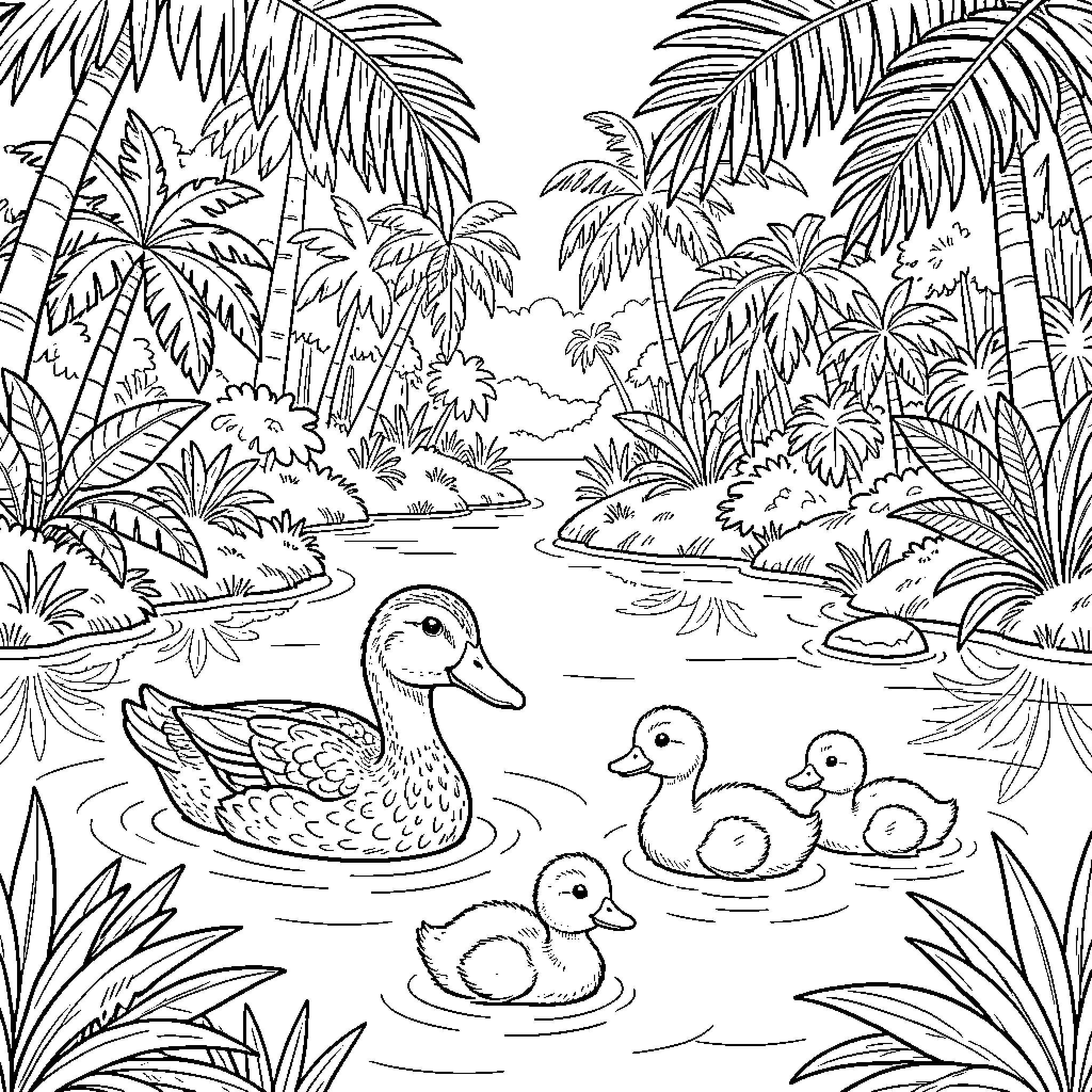 Duck family swimming in tropical pond Coloring Page (free black-and-white line drawing printable PDF for all, from beginners to advanced learners, including children, teens, adults, and seniors)