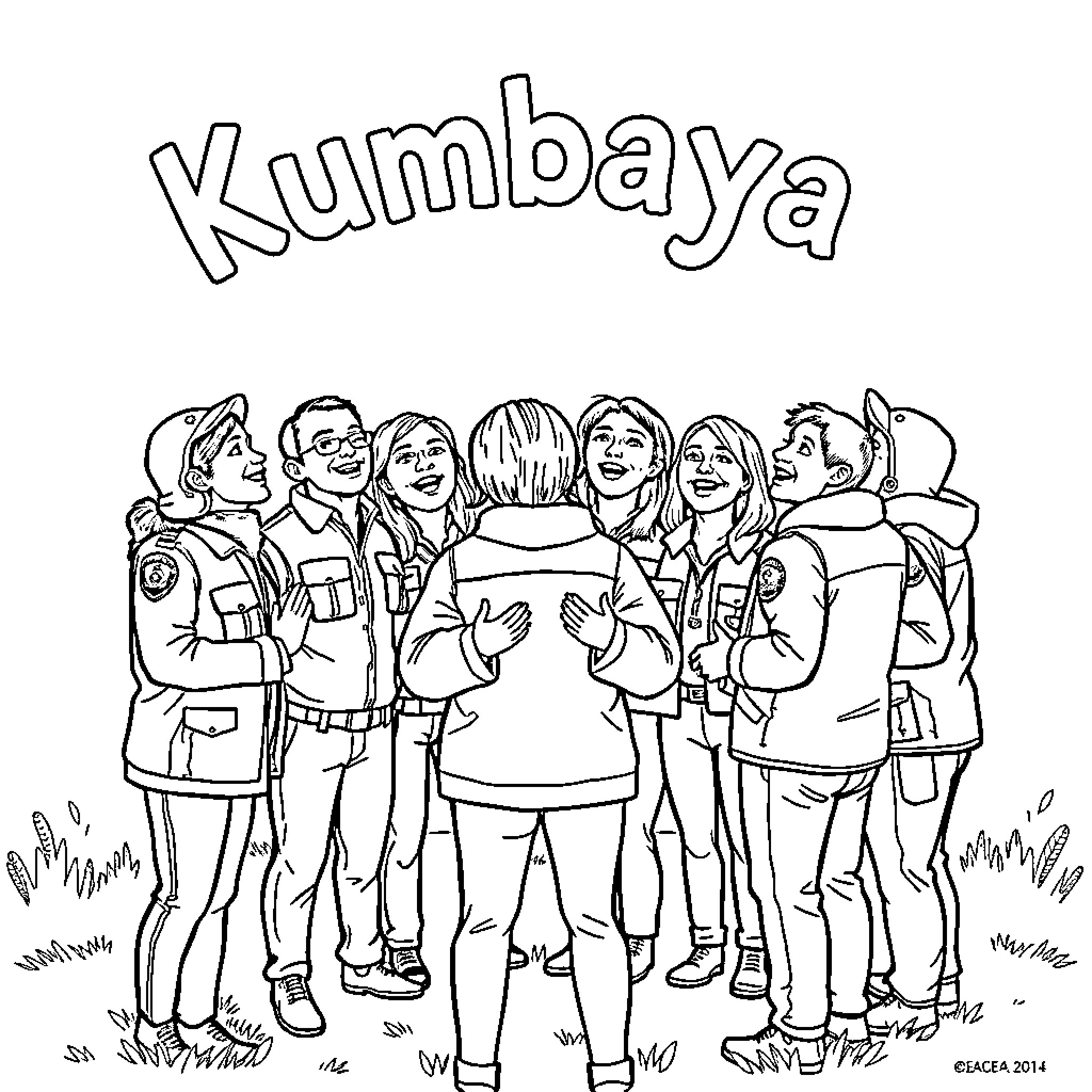 Ice Agents Celebrate Kumbaya Together Coloring Page (free black-and-white line drawing printable PDF for all, from beginners to advanced learners, including children, teens, adults, and seniors)