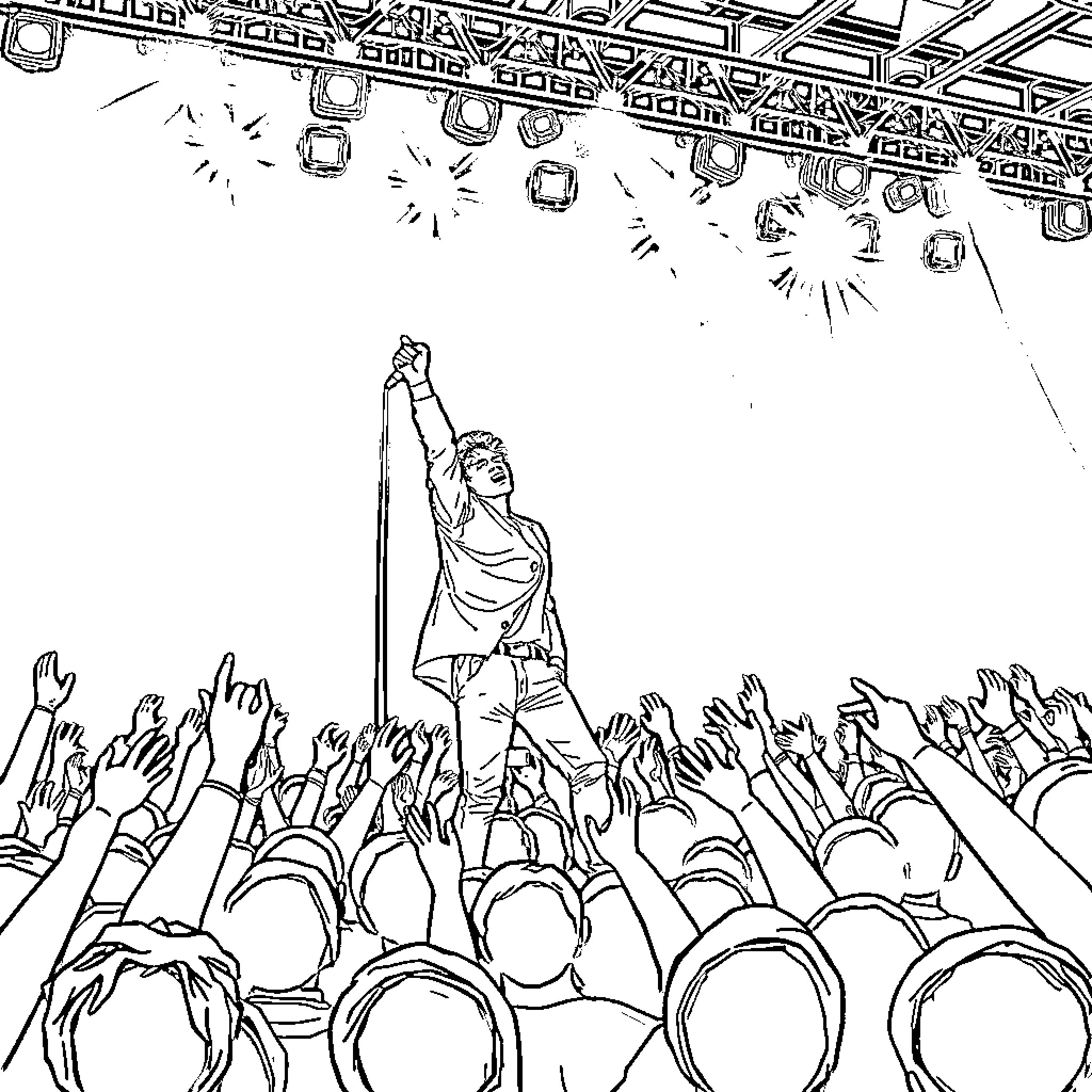 Harry Styles performing on stage before adoring fans Coloring Page (free black-and-white line drawing printable PDF for all, from beginners to advanced learners, including children, teens, adults, and seniors)