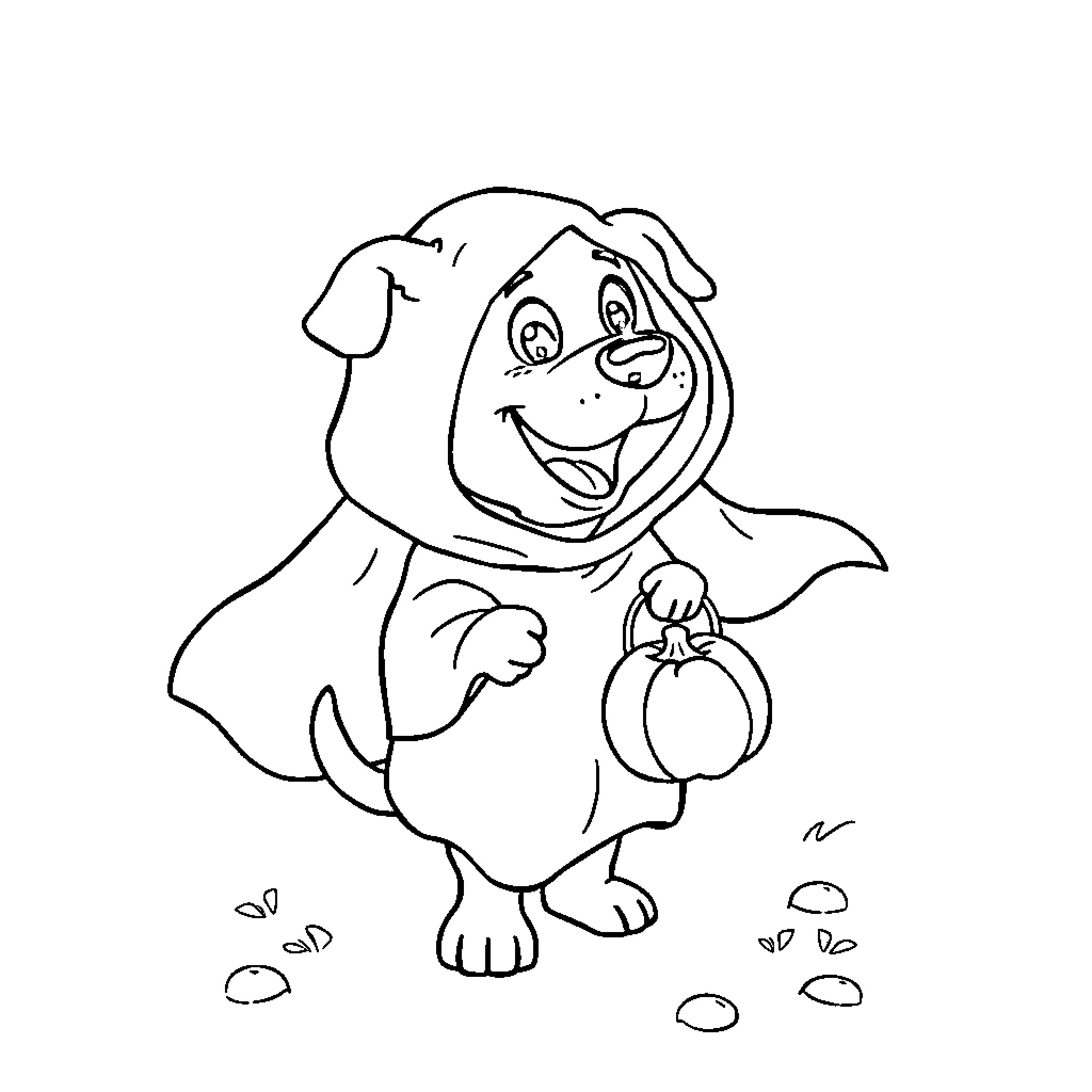 Dog wearing a cape and holding a ball Coloring Page (free black-and-white line drawing printable PDF for all, from beginners to advanced learners, including children, teens, adults, and seniors)