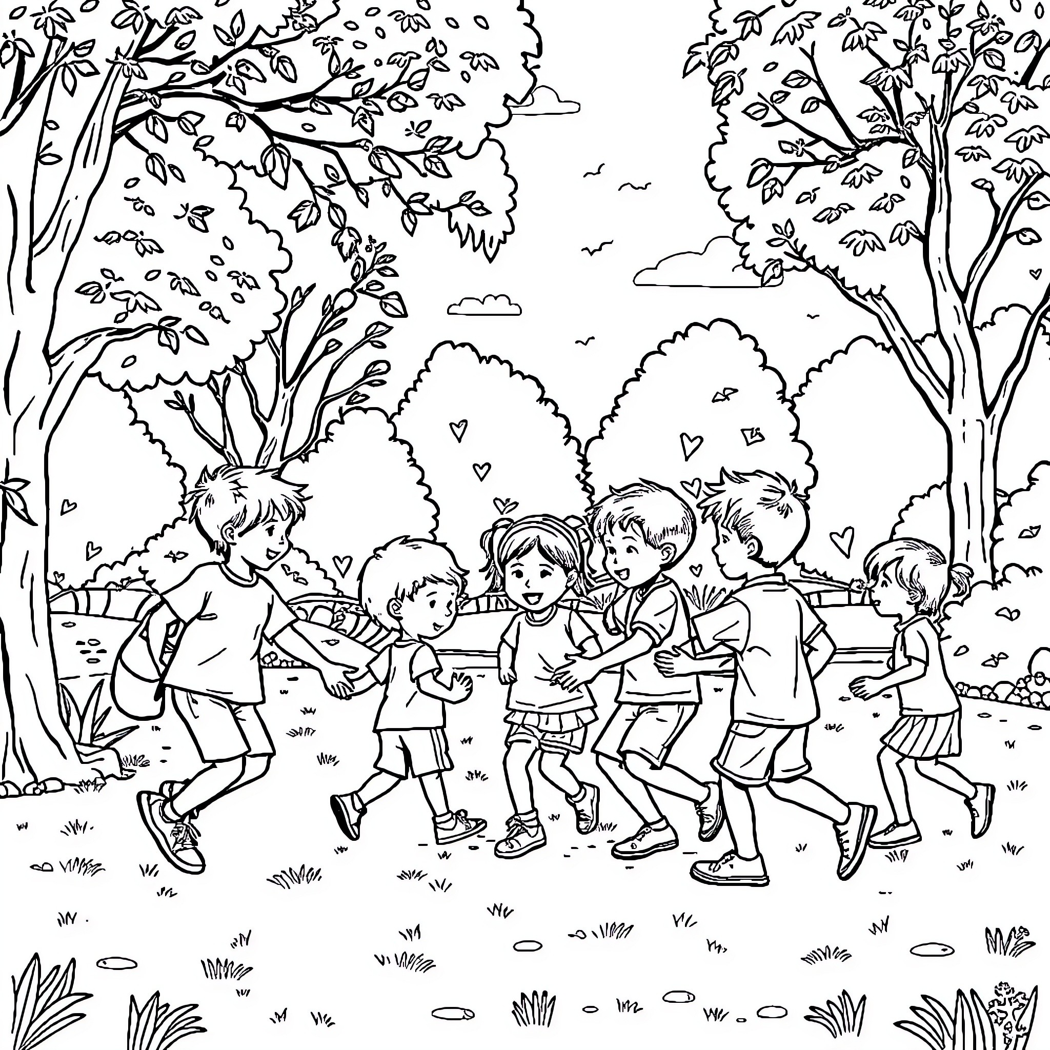 Kids playing joyfully in the park Coloring Page (free black-and-white line drawing printable PDF for all, from beginners to advanced learners, including children, teens, adults, and seniors)