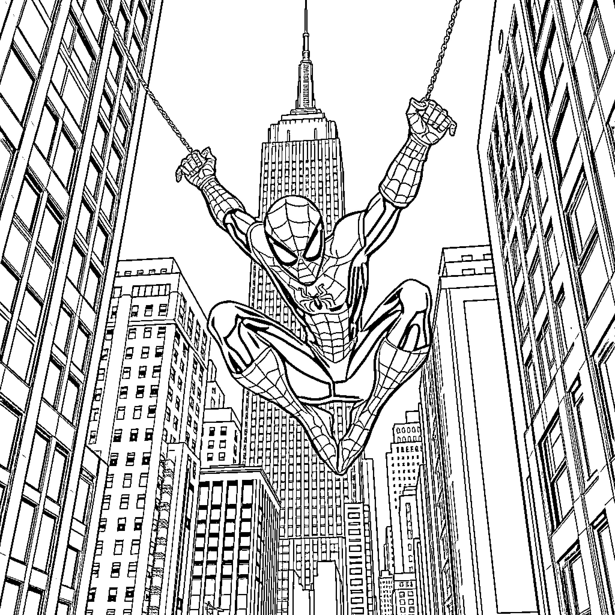 Spiderman swinging through the city Coloring Page (free black-and-white line drawing printable PDF for all, from beginners to advanced learners, including children, teens, adults, and seniors)