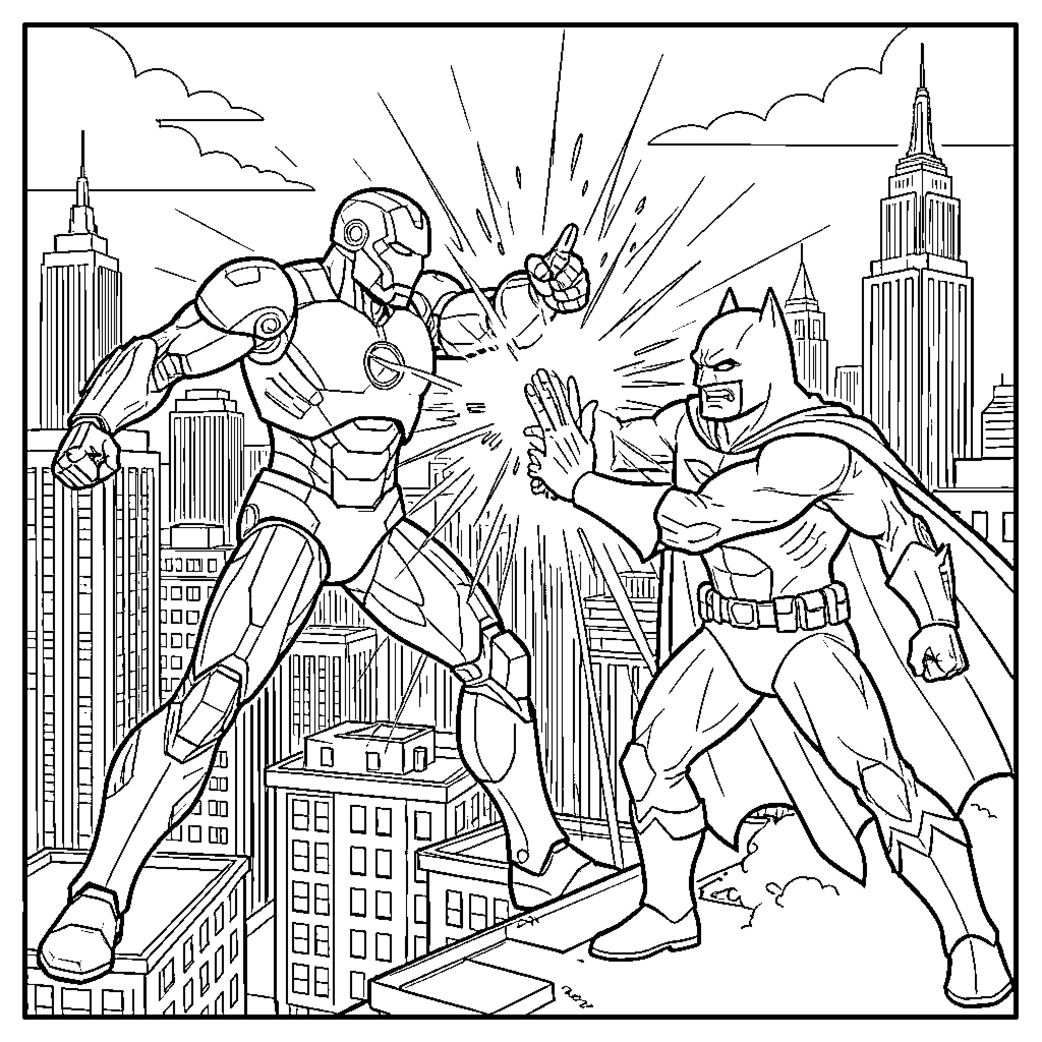 Iron Man fighting Batman on a city rooftop Coloring Page (free black-and-white line drawing printable PDF for all, from beginners to advanced learners, including children, teens, adults, and seniors)