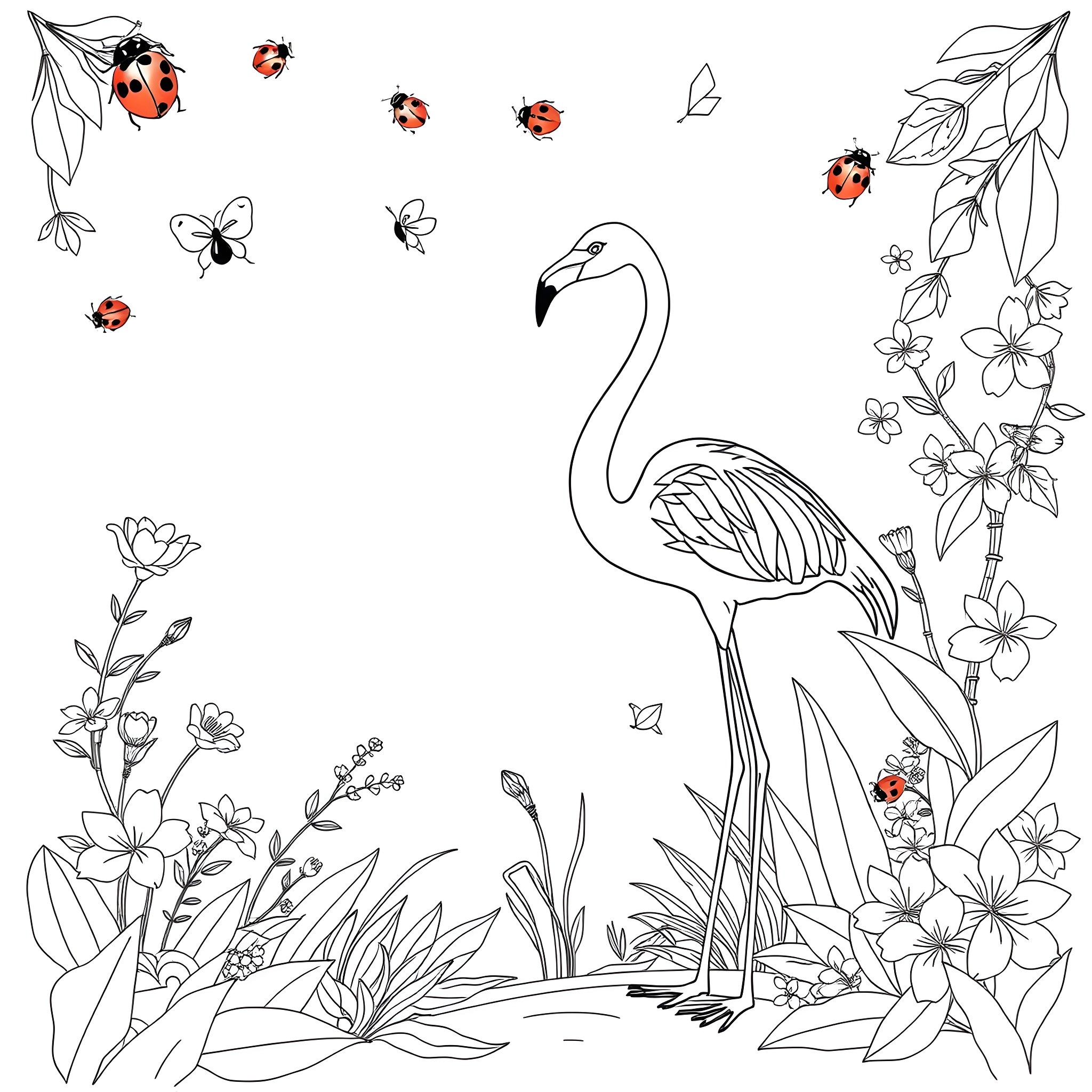 Ladybug and Crane amid Florals Coloring Page (free black-and-white line drawing printable PDF for all, from beginners to advanced learners, including children, teens, adults, and seniors)