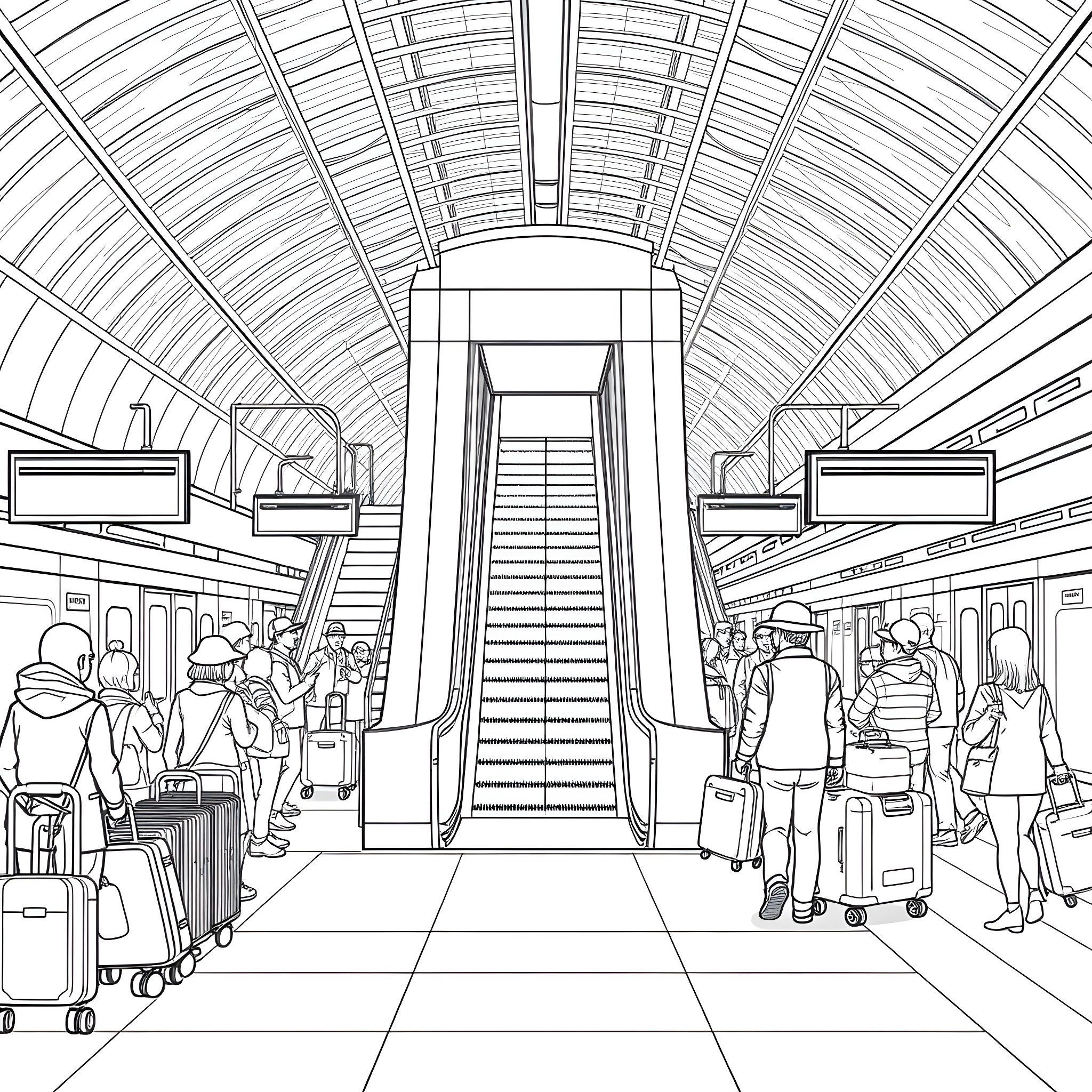 Elevator Passengers Navigating a Busy Train Station Coloring Page (free black-and-white line drawing printable PDF for all, from beginners to advanced learners, including children, teens, adults, and seniors)
