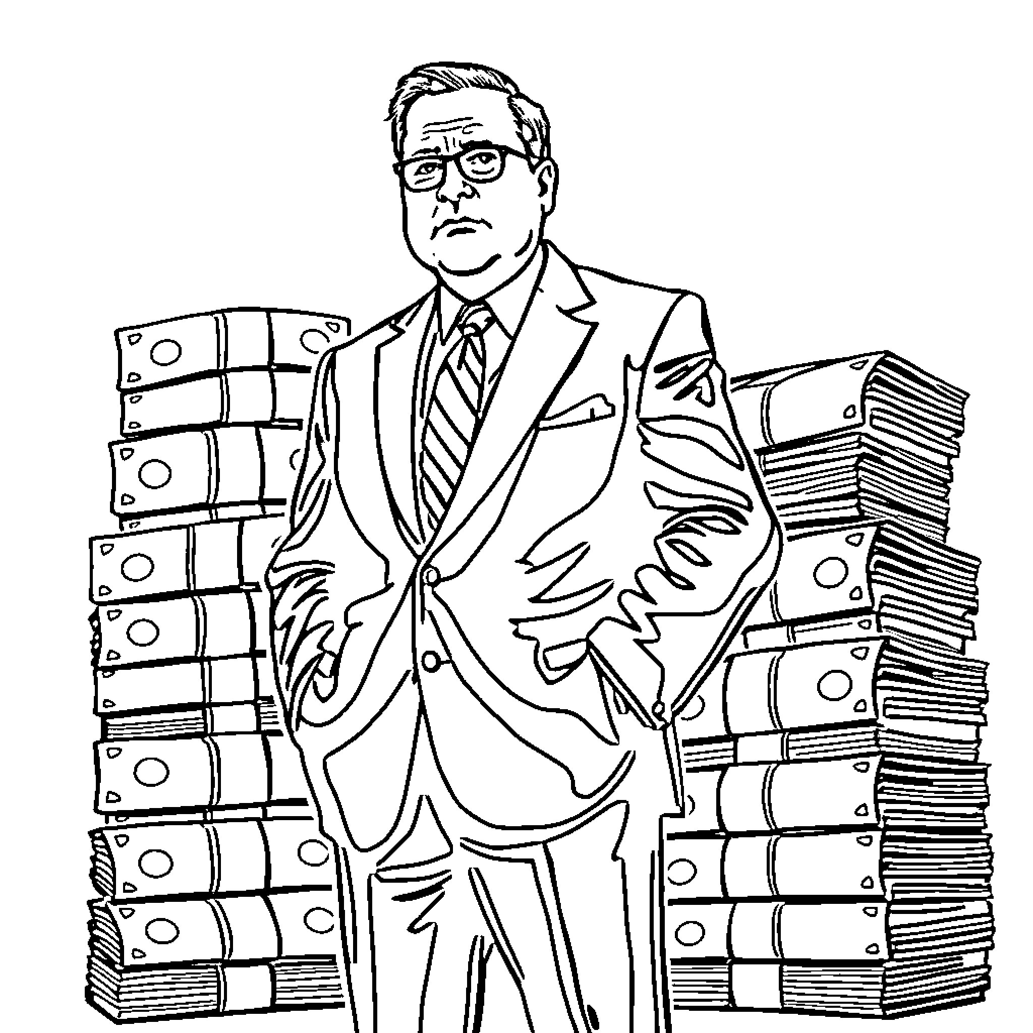 Governor Overworked with Stacks of Documents Coloring Page (free black-and-white line drawing printable PDF for all, from beginners to advanced learners, including children, teens, adults, and seniors)
