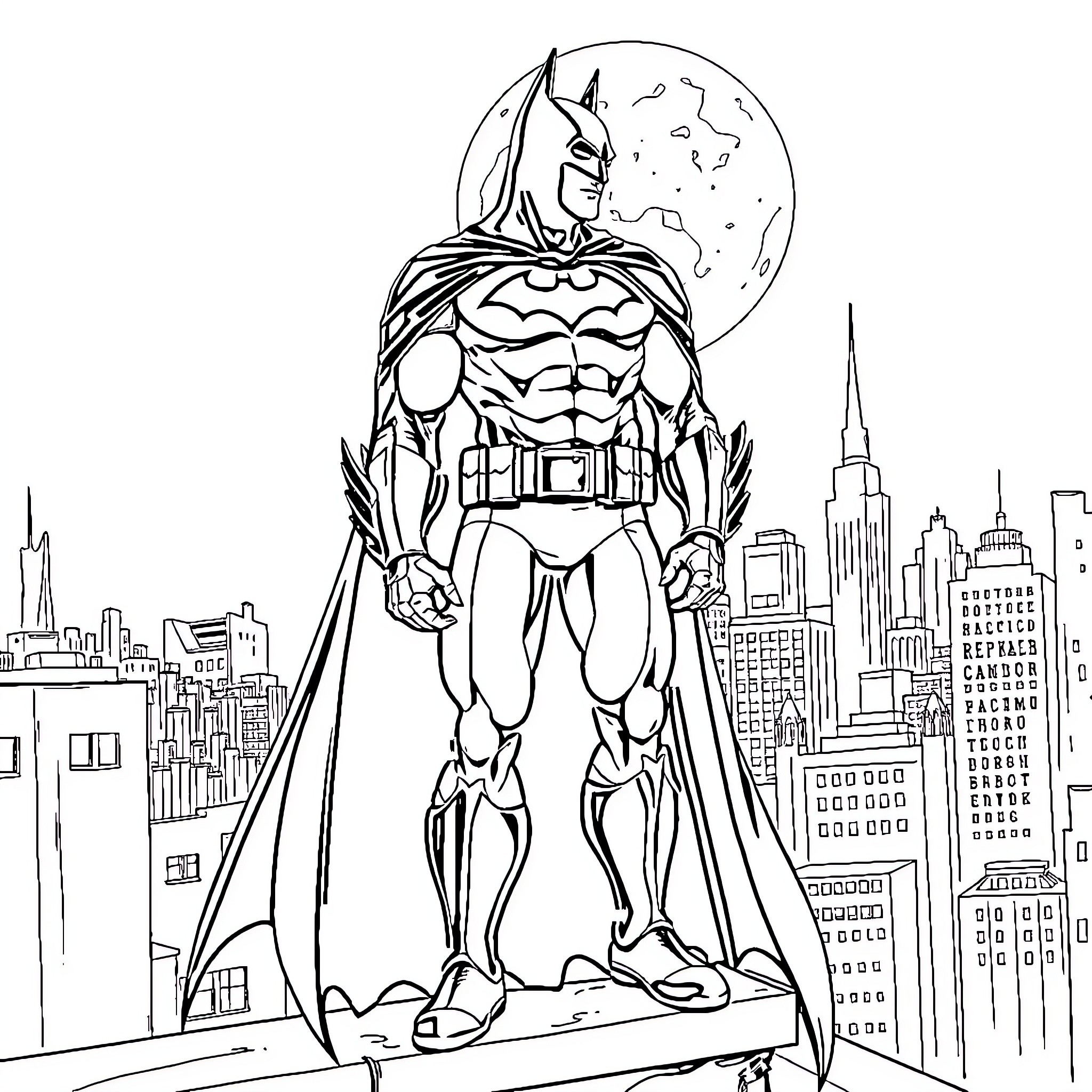 Batman stands vigilant over a towering cityscape Coloring Page (free black-and-white line drawing printable PDF for all, from beginners to advanced learners, including children, teens, adults, and seniors)