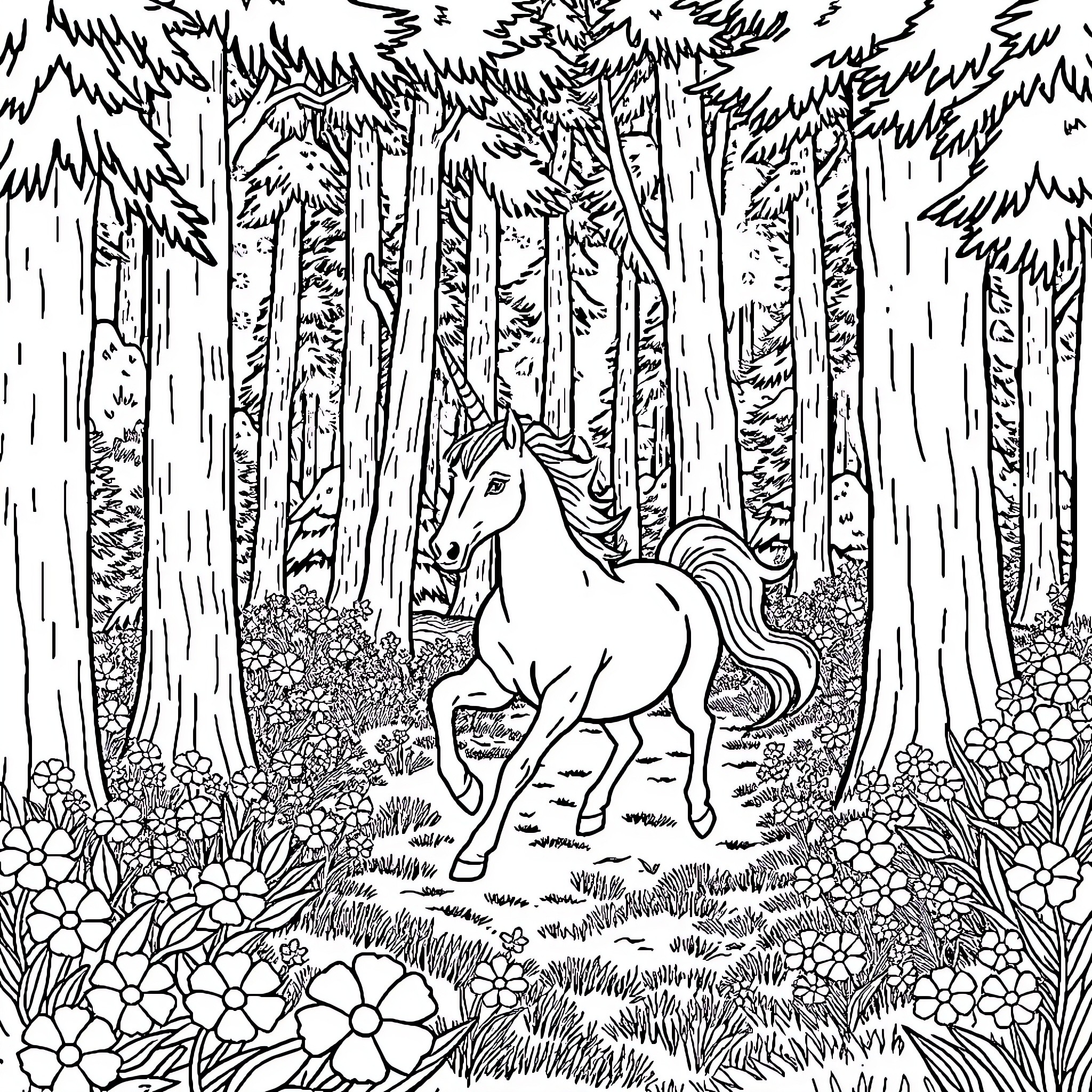 Unicorn wandering through enchanted forest Coloring Page (free black-and-white line drawing printable PDF for all, from beginners to advanced learners, including children, teens, adults, and seniors)