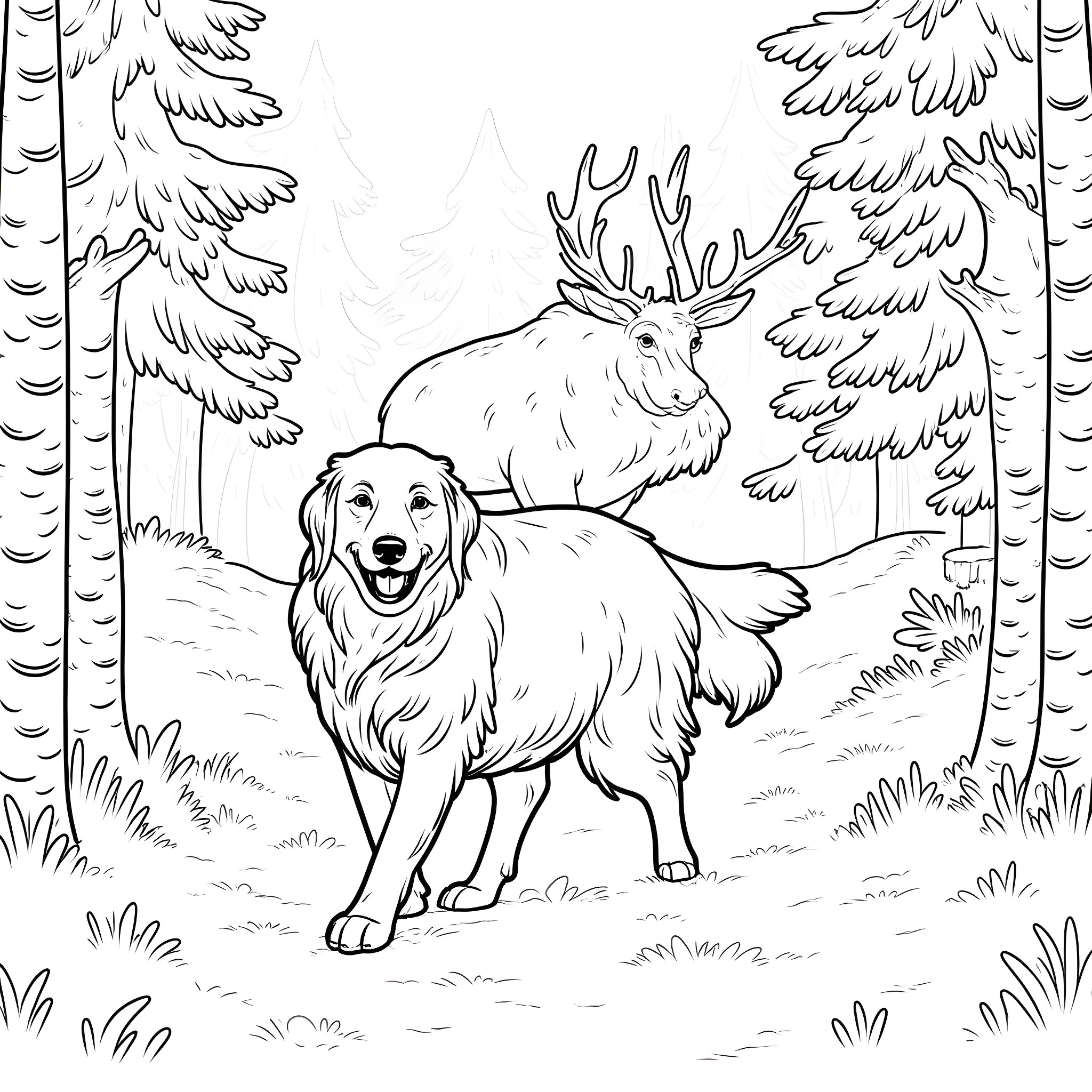 Golden Retriever playing happily in the forest Coloring Page (free black-and-white line drawing printable PDF for all, from beginners to advanced learners, including children, teens, adults, and seniors)
